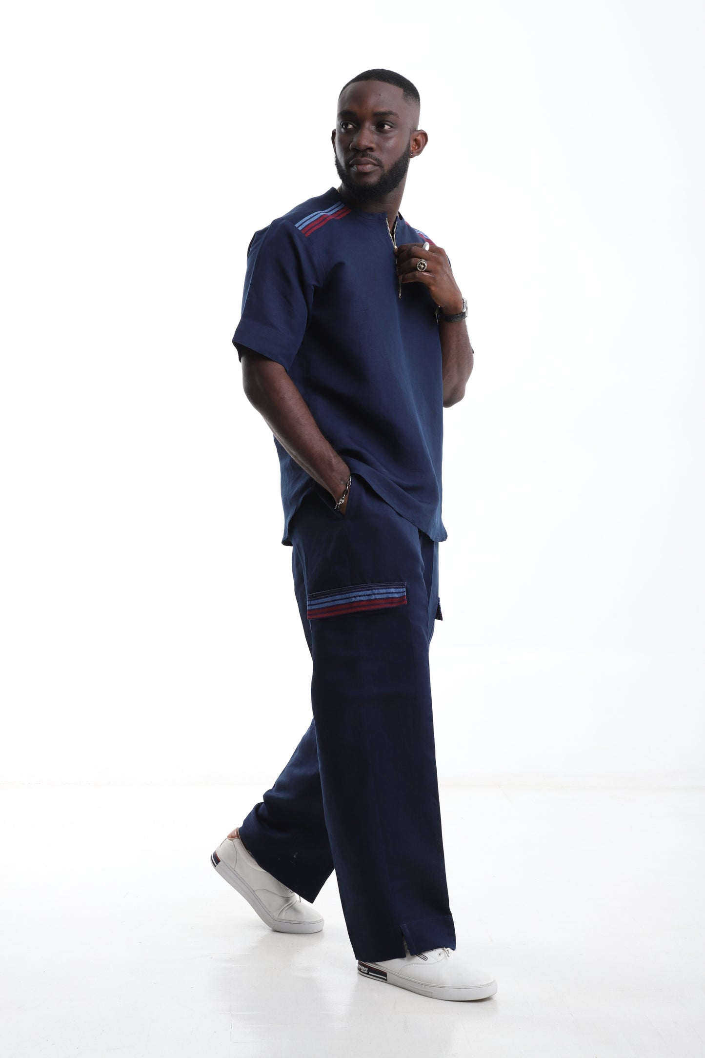Navyblue Linen Two-Piece with Aso-Oke Detail