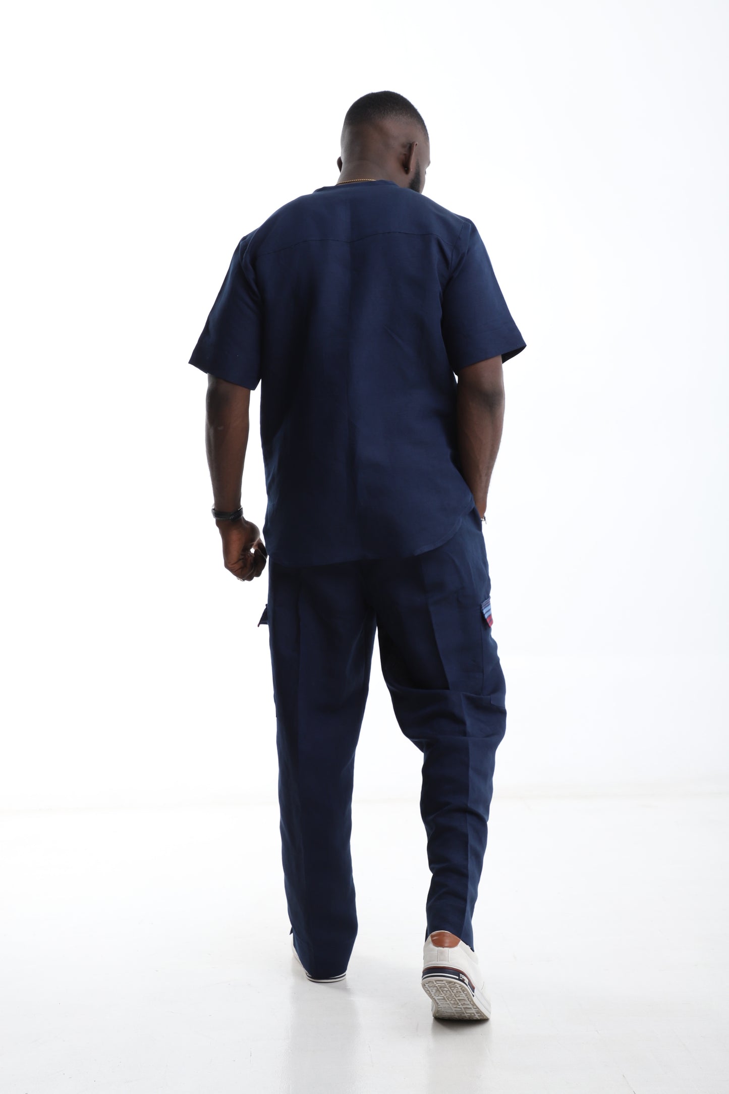Navyblue Linen Two-Piece with Aso-Oke Detail