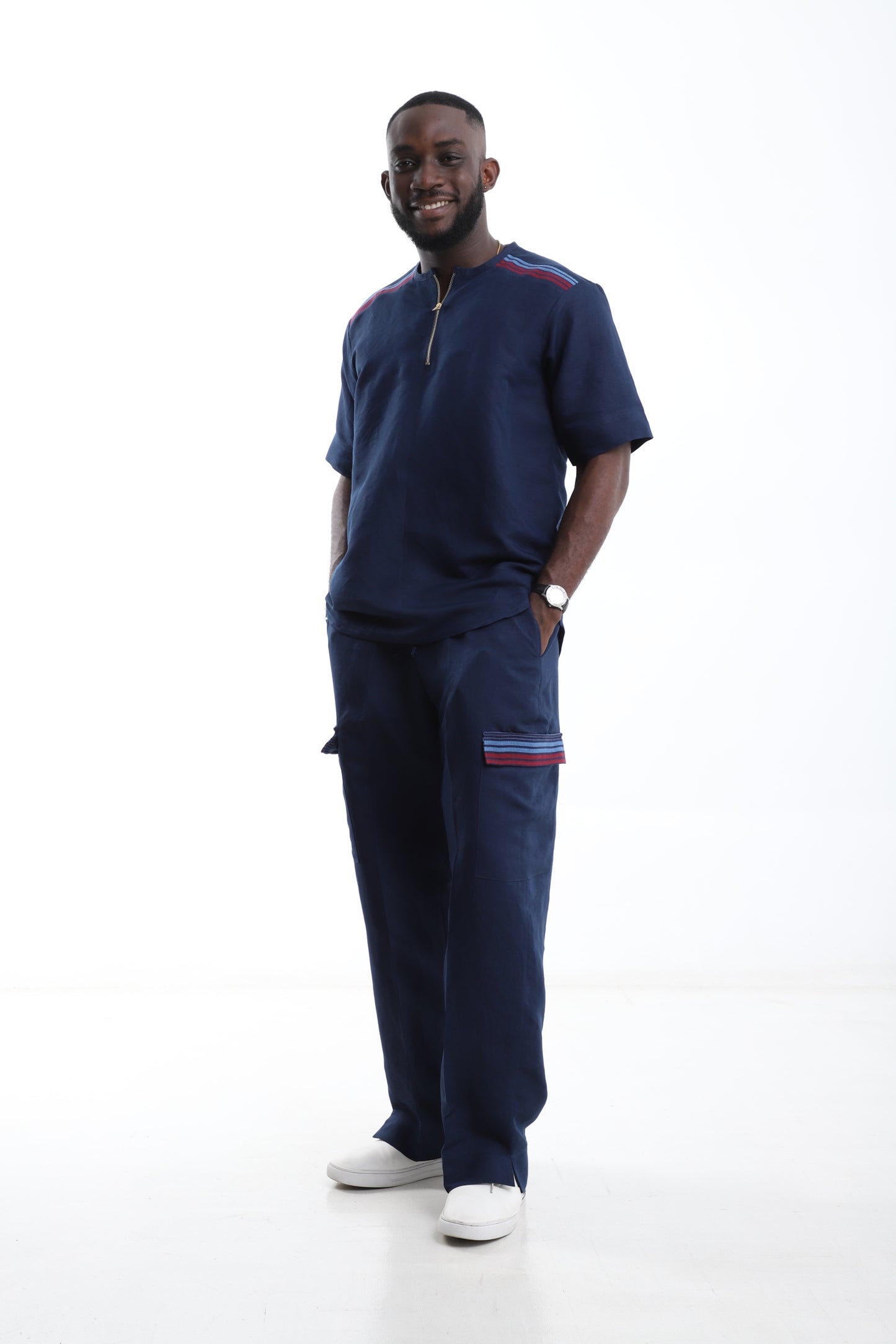Navyblue Linen Two-Piece with Aso-Oke Detail