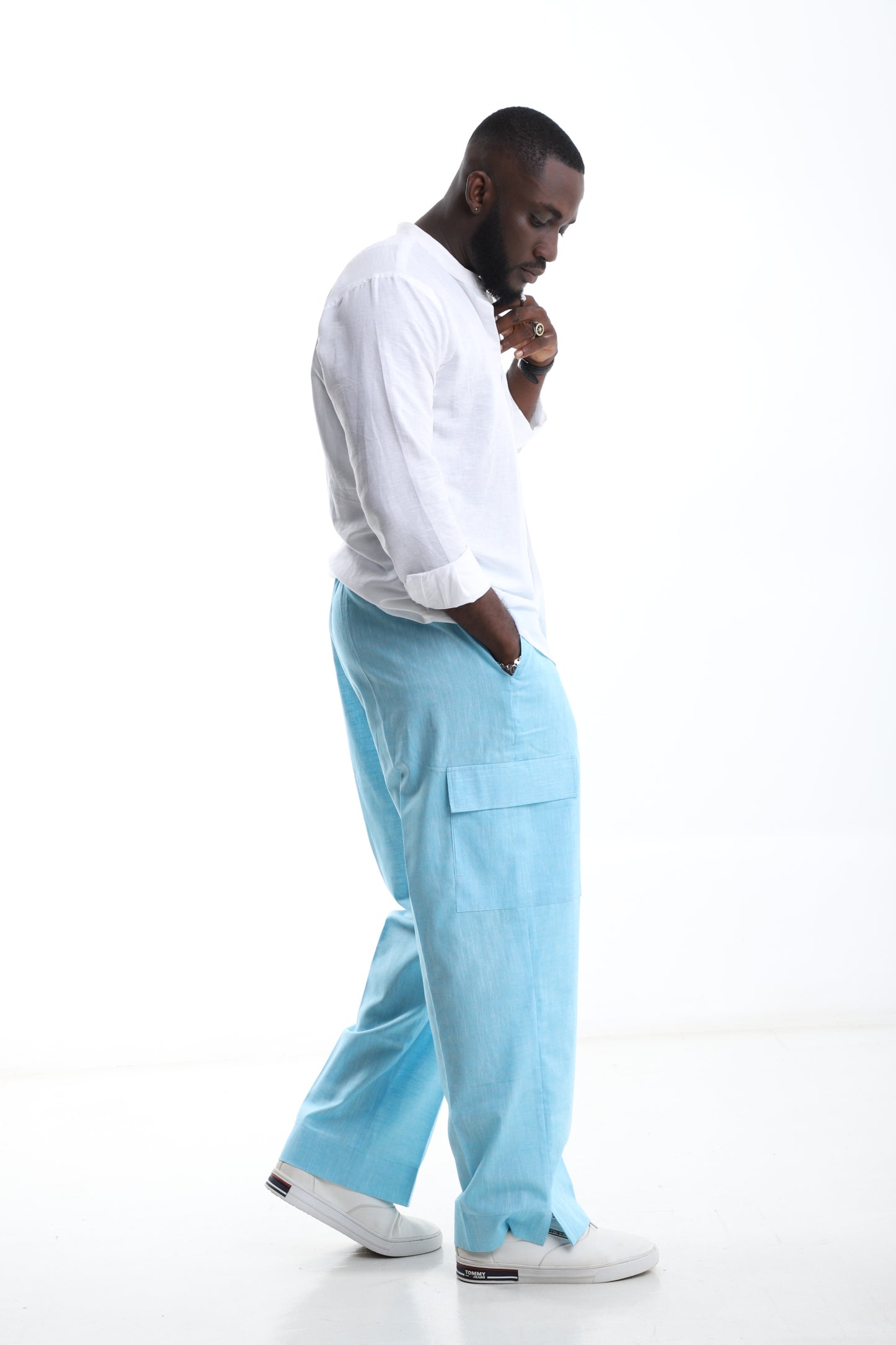 White Collarless Linen Shirt & Skyline Blue Trouser Set