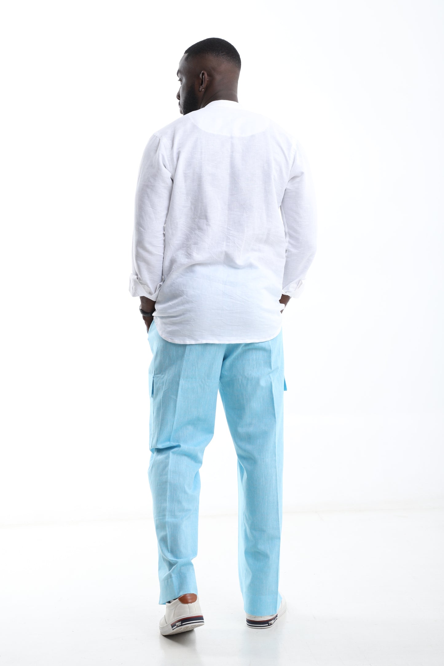 White Collarless Linen Shirt & Skyline Blue Trouser Set