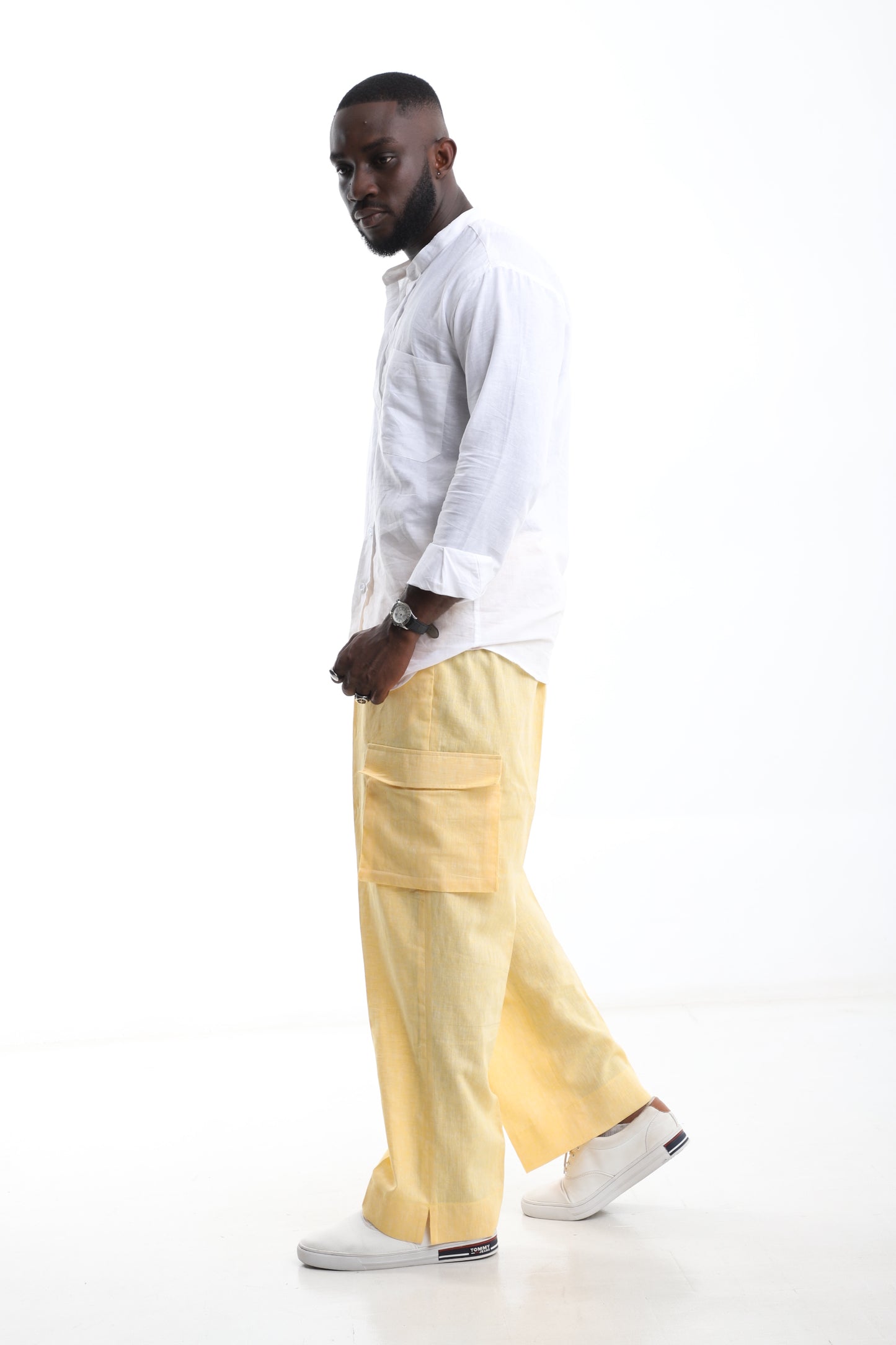 White Mandarin Collar Shirt & Yellow Linen Trouser Set