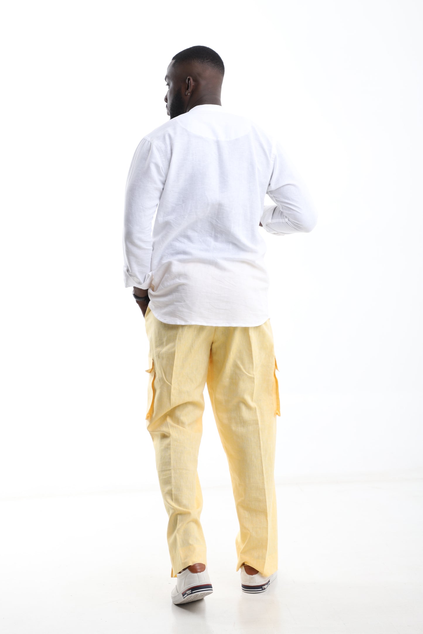 White Mandarin Collar Shirt & Yellow Linen Trouser Set