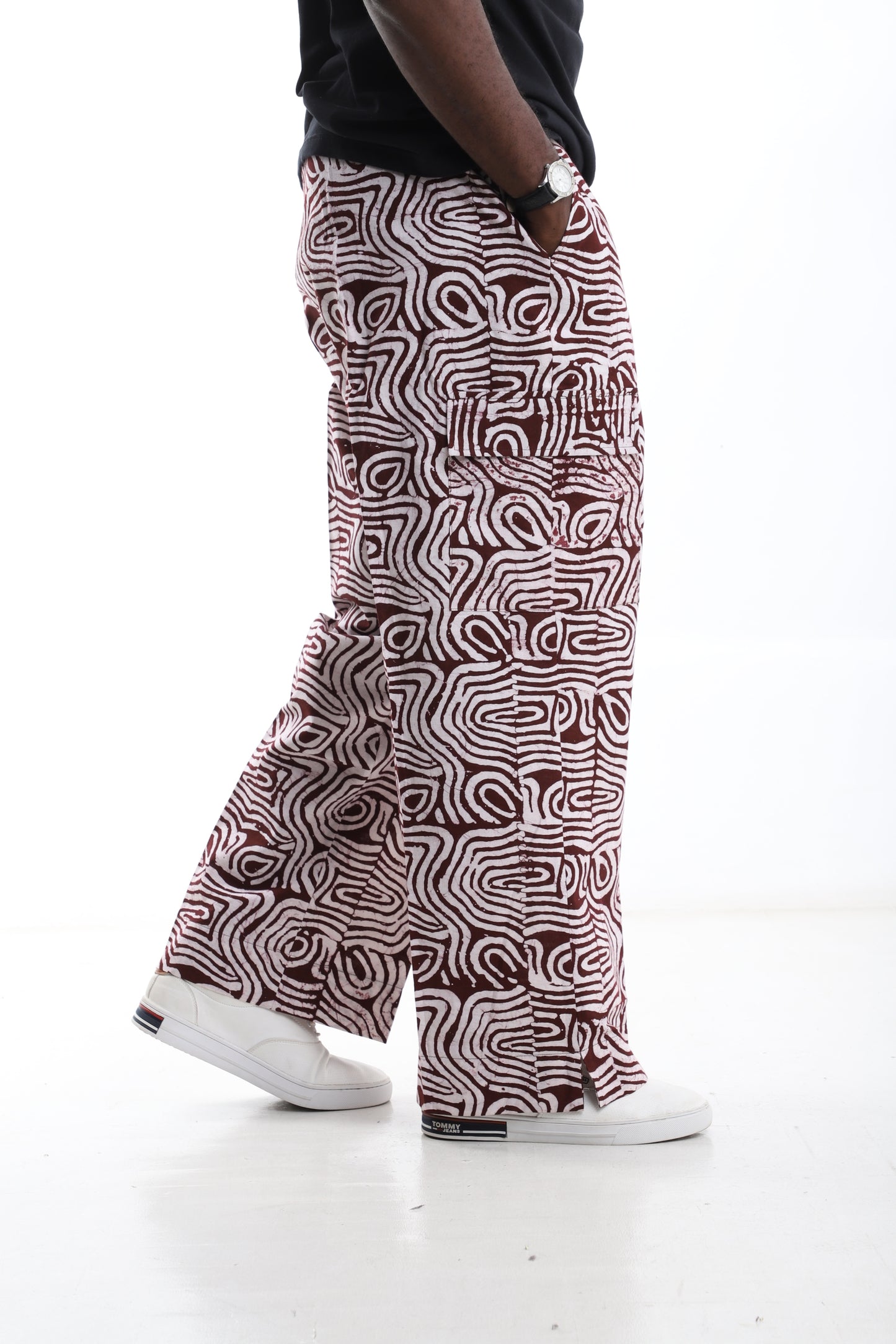 Burgundy & White Adire Cargo Trousers