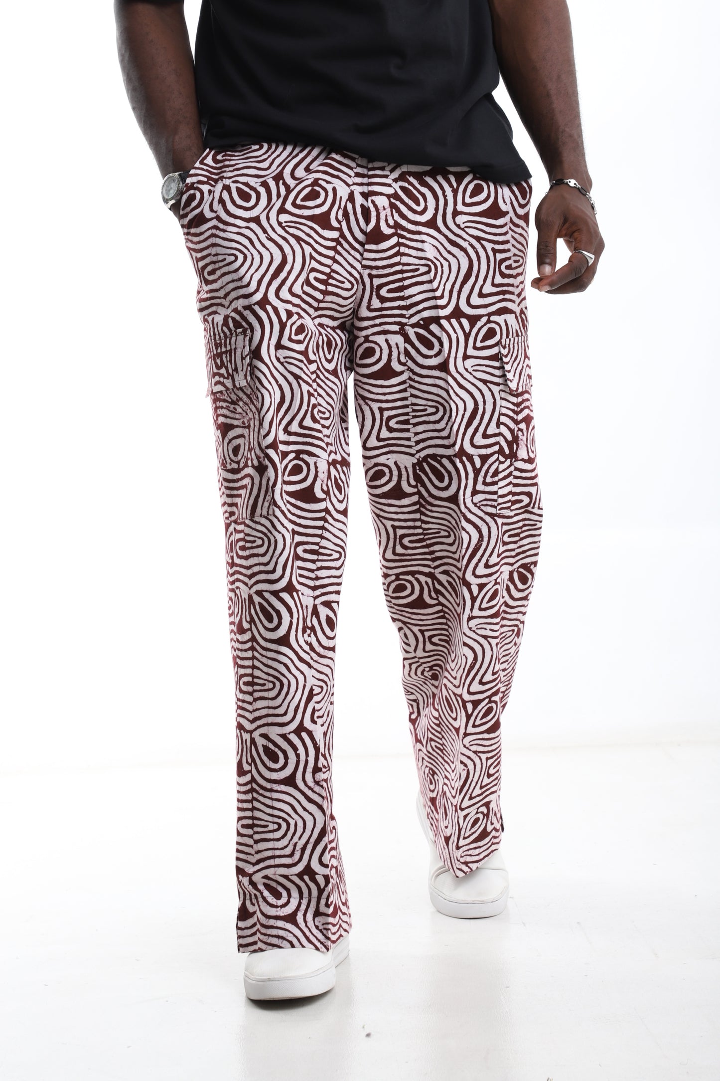 Burgundy & White Adire Cargo Trousers