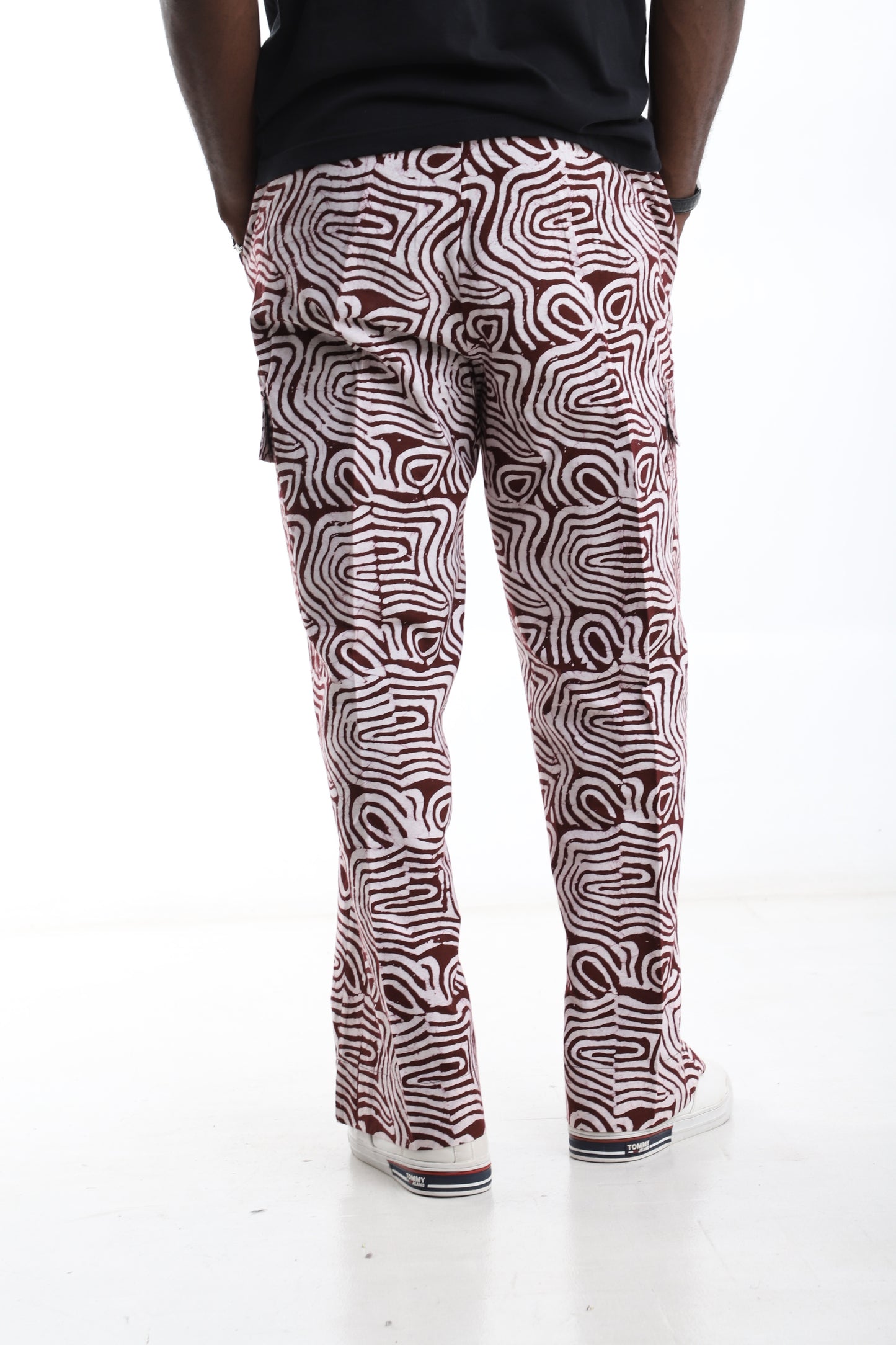 Burgundy & White Adire Cargo Trousers