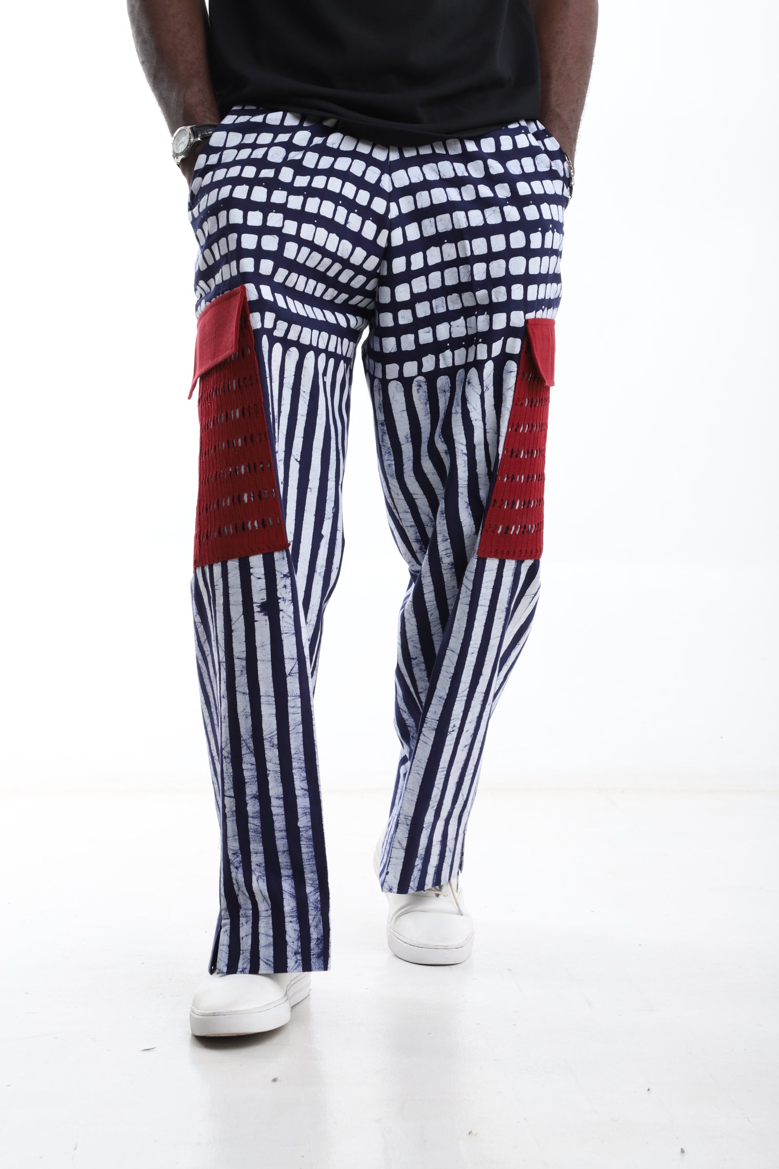 Navy Stripes with Red Pocket Adire Cargo Pants