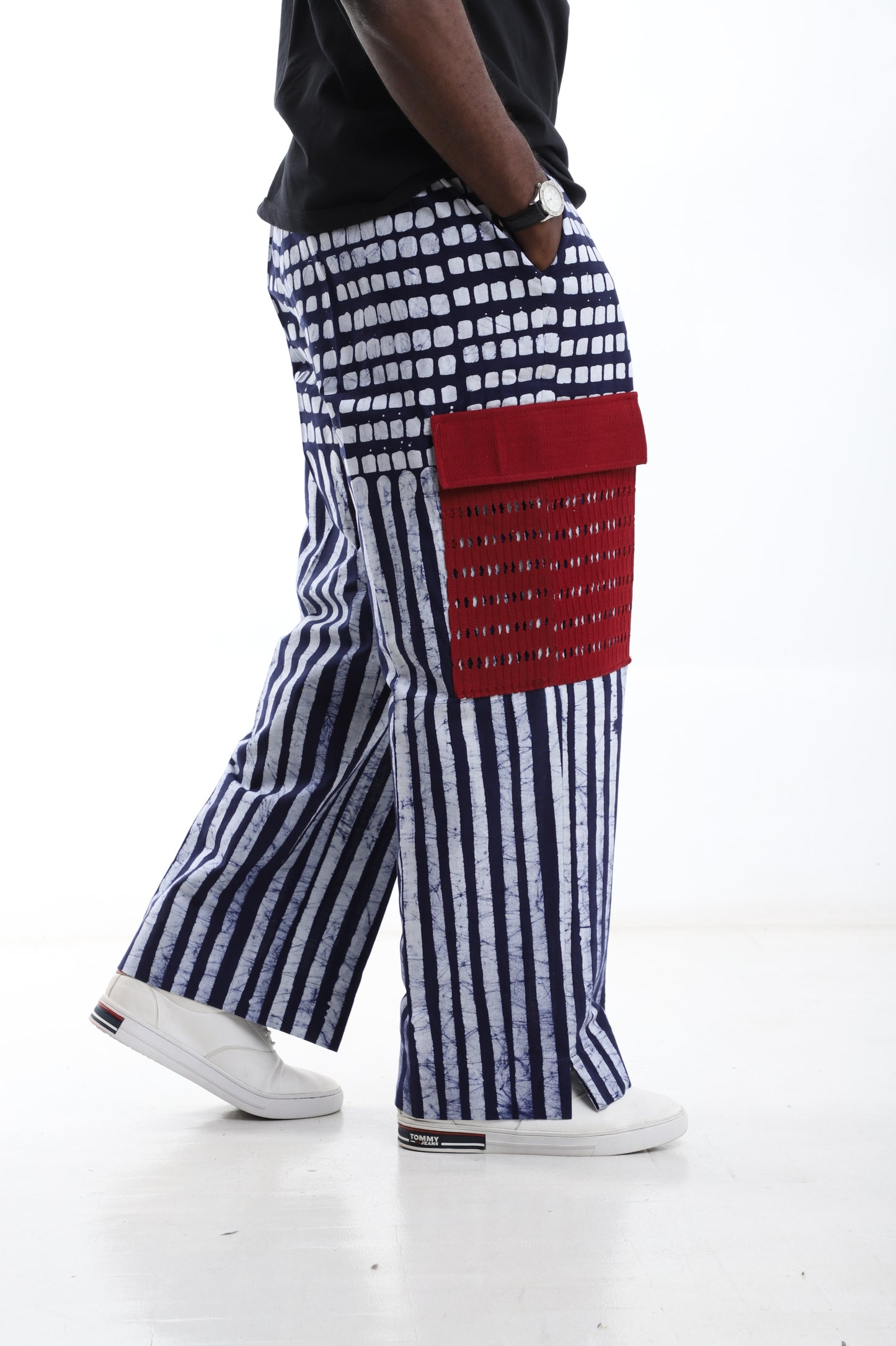 Navy Stripes with Red Pocket Adire Cargo Pants