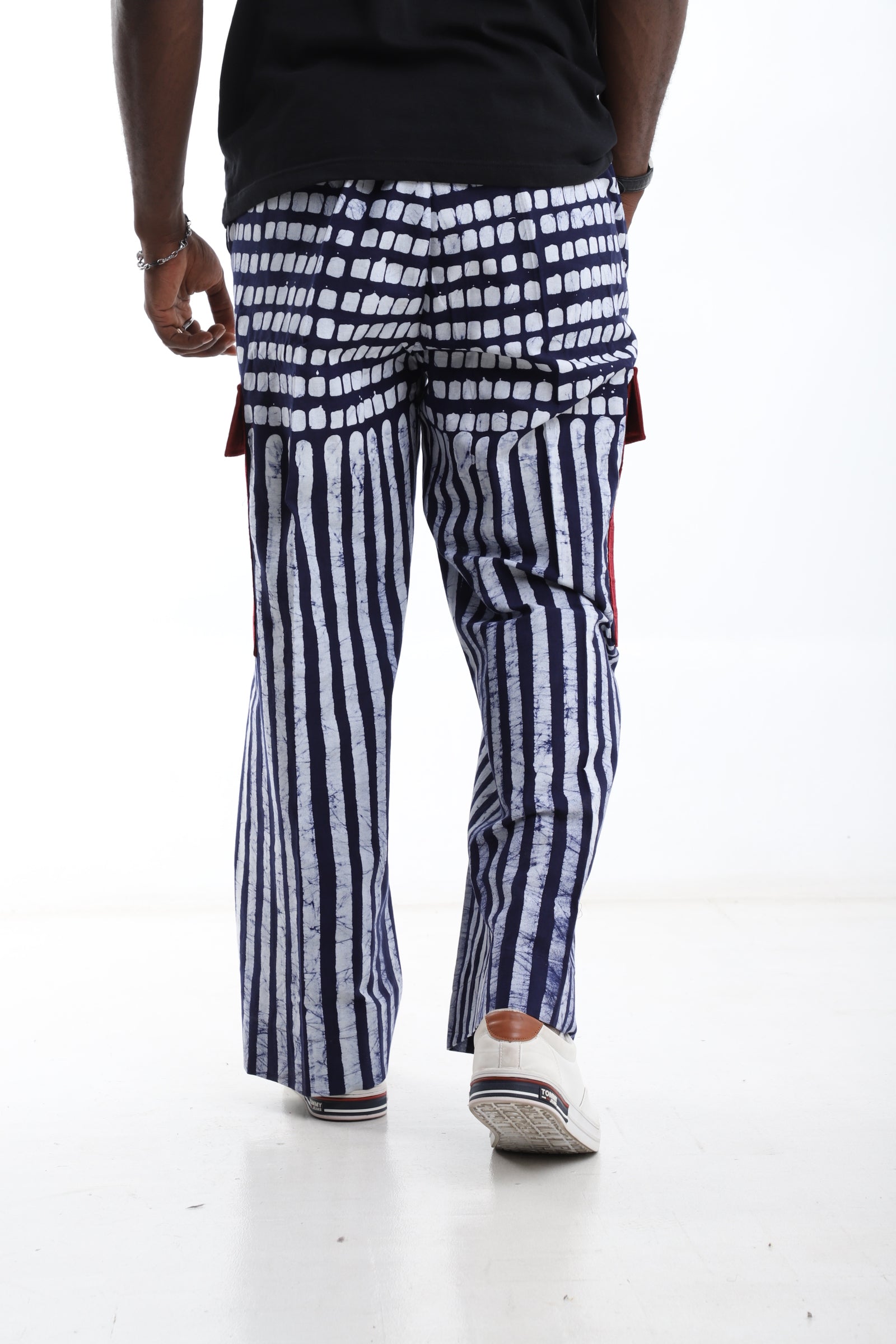 Navy Stripes with Red Pocket Adire Cargo Pants