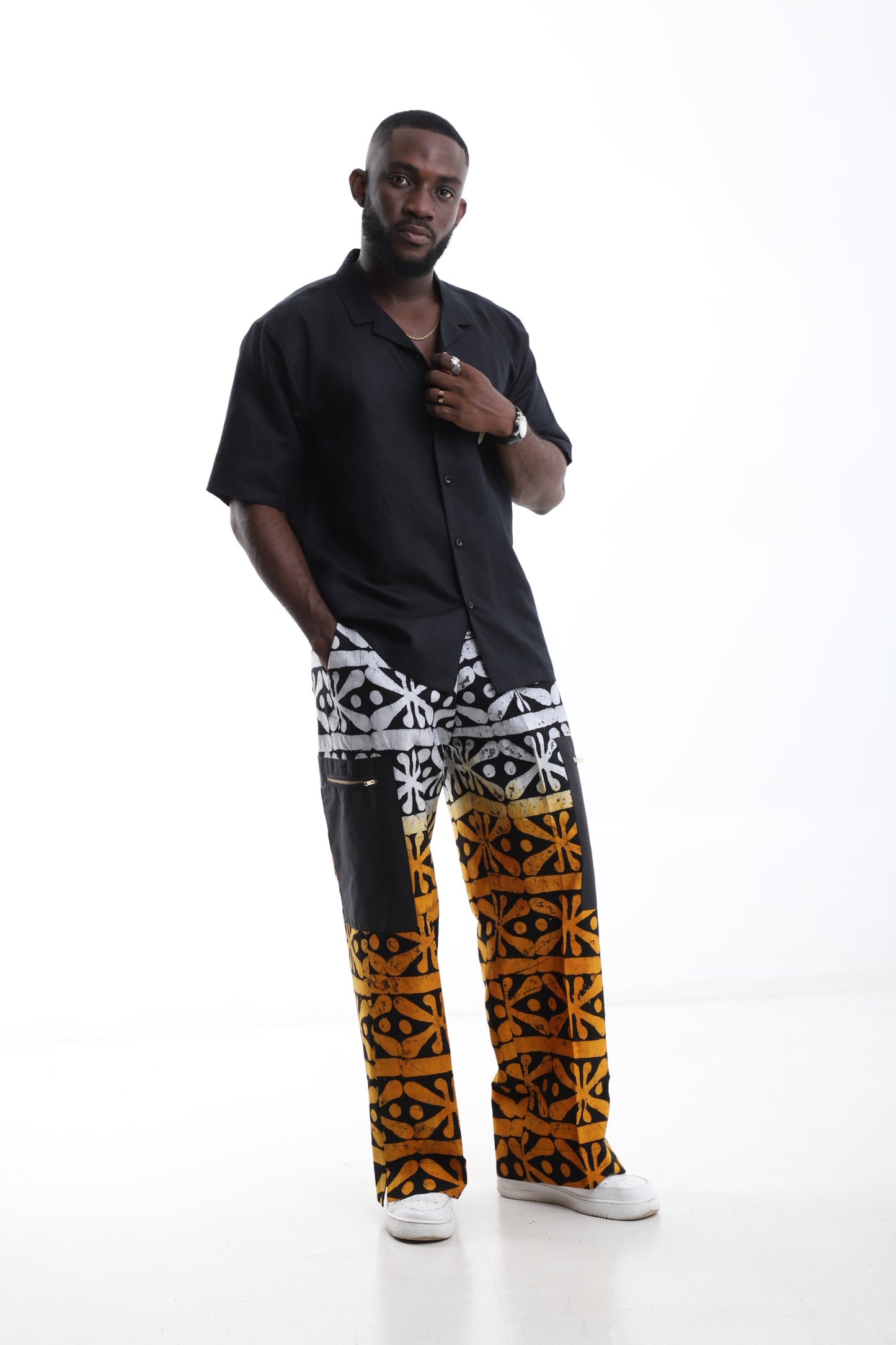 Midnight Bloom Set – Adire Trousers with Black Linen Shirt
