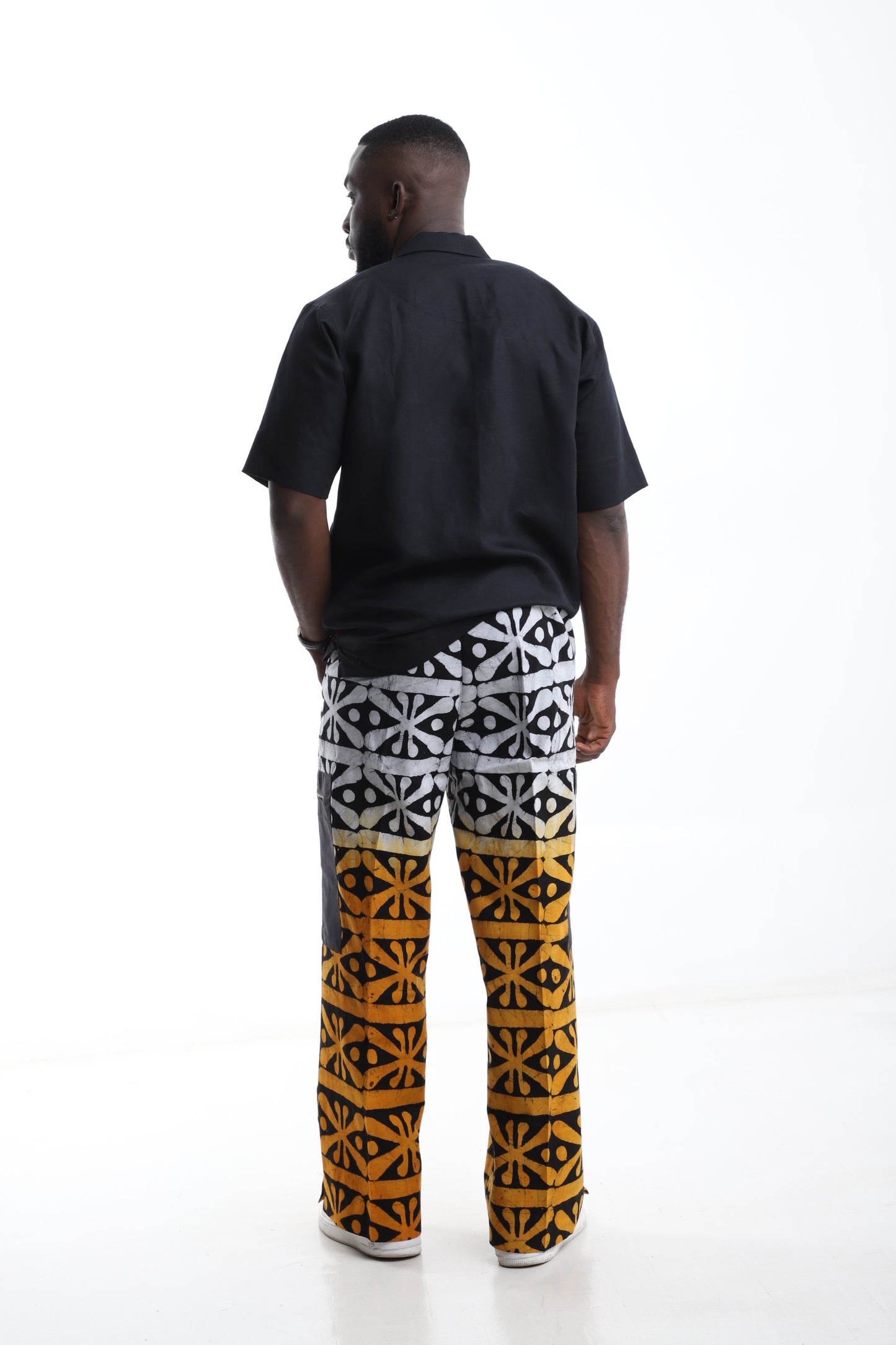 Midnight Bloom Set – Adire Trousers with Black Linen Shirt