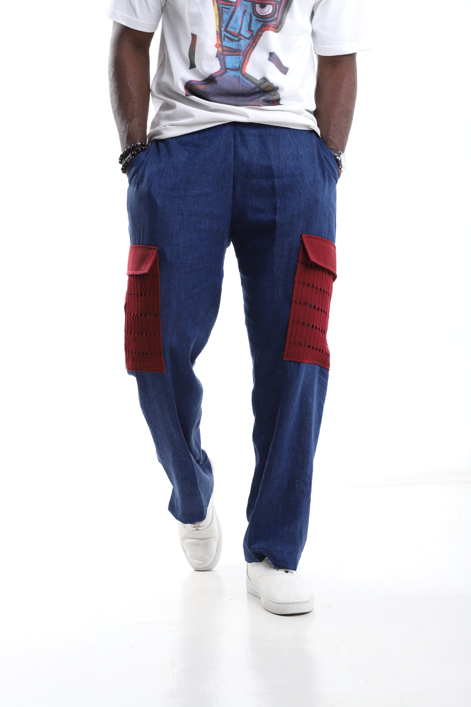Navyblue Linen Trousers with Wine Aso-Oke Utility Pocket