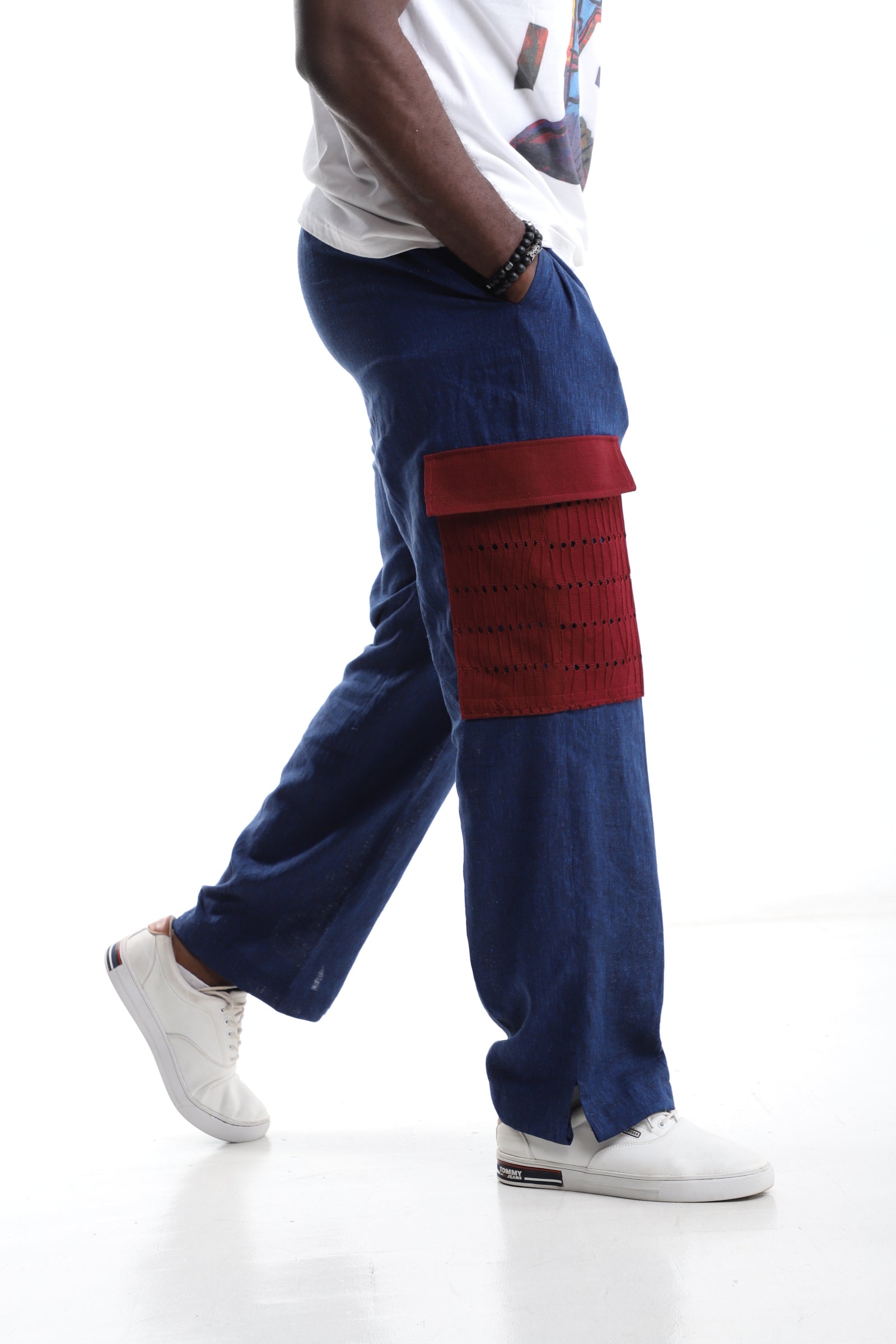 Navyblue Linen Trousers with Wine Aso-Oke Utility Pocket