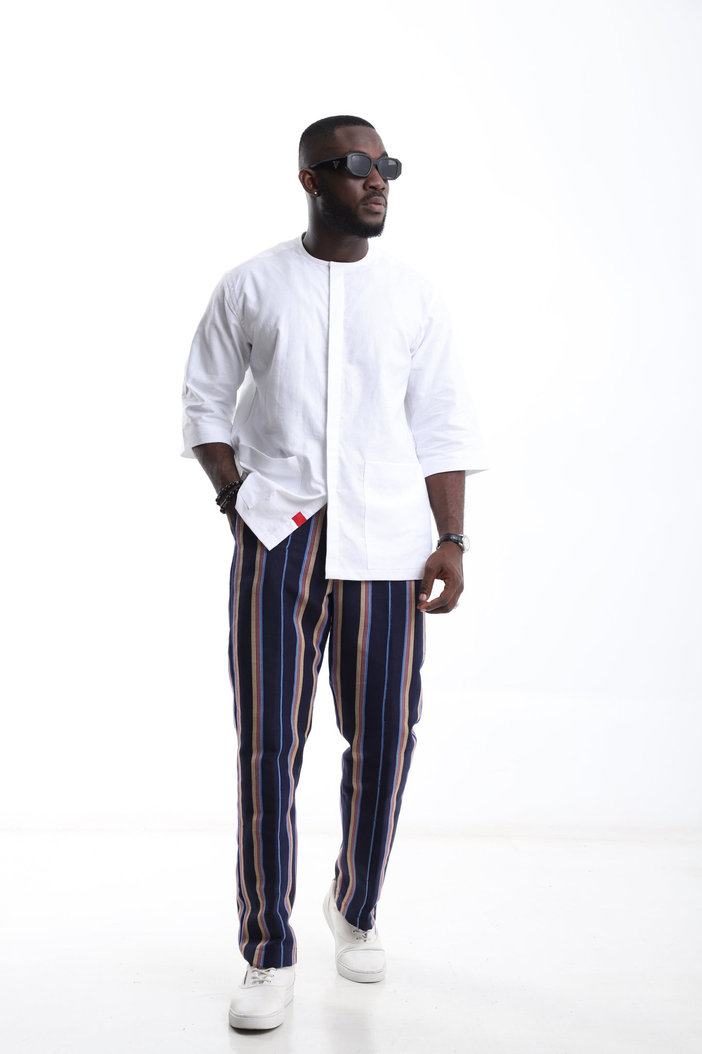 The Prestige Set – Aso-Oke Striped Trouser & White Kaftan Shirt Combo