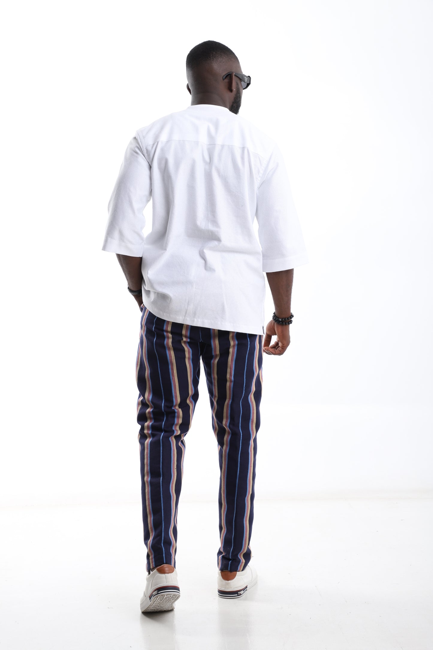 The Prestige Set – Aso-Oke Striped Trouser & White Kaftan Shirt Combo
