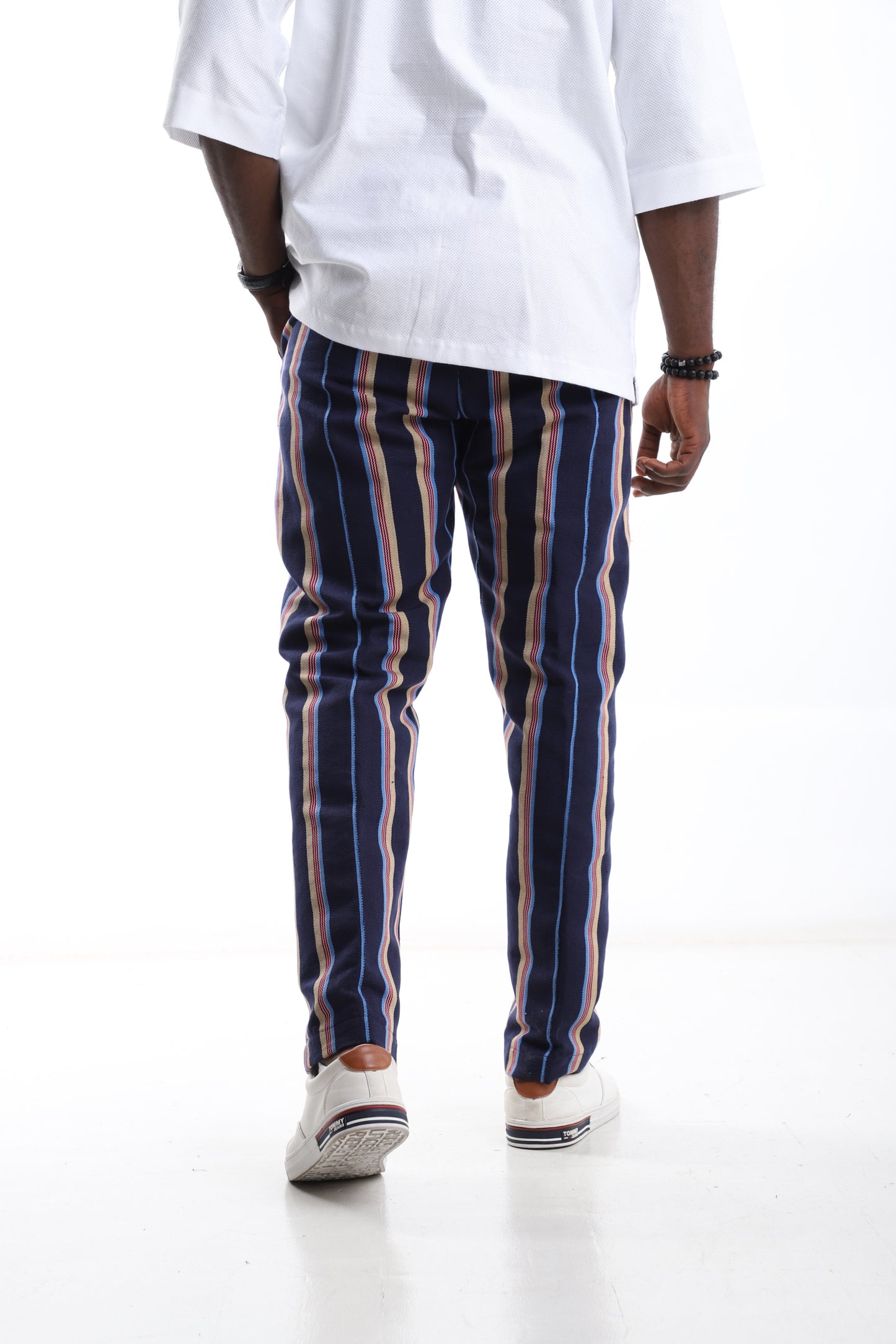Heritage Stride Aso-Oke Trouser – Navy Gold Stripe