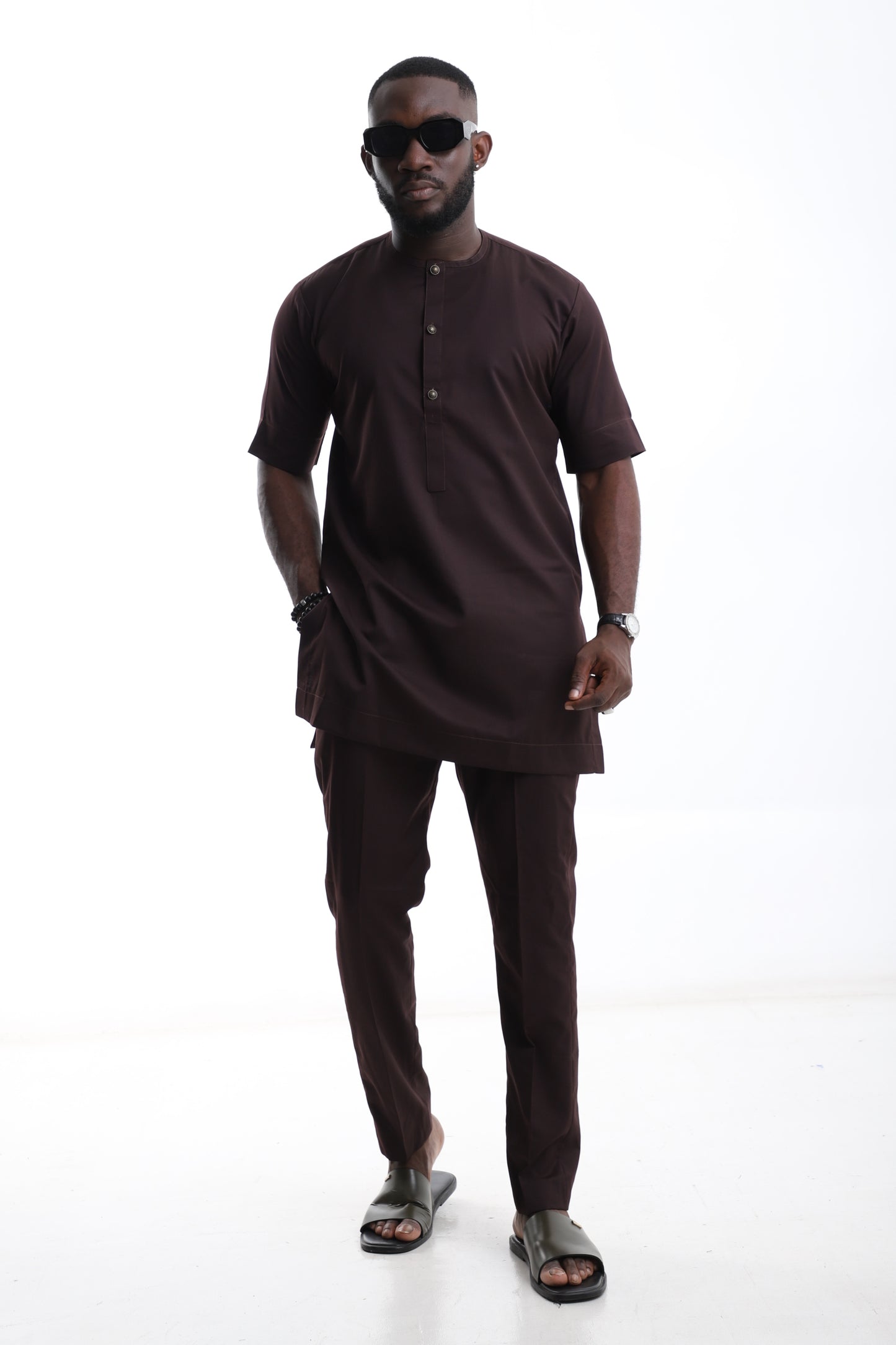 chocolate brown short-sleeve kaftan set