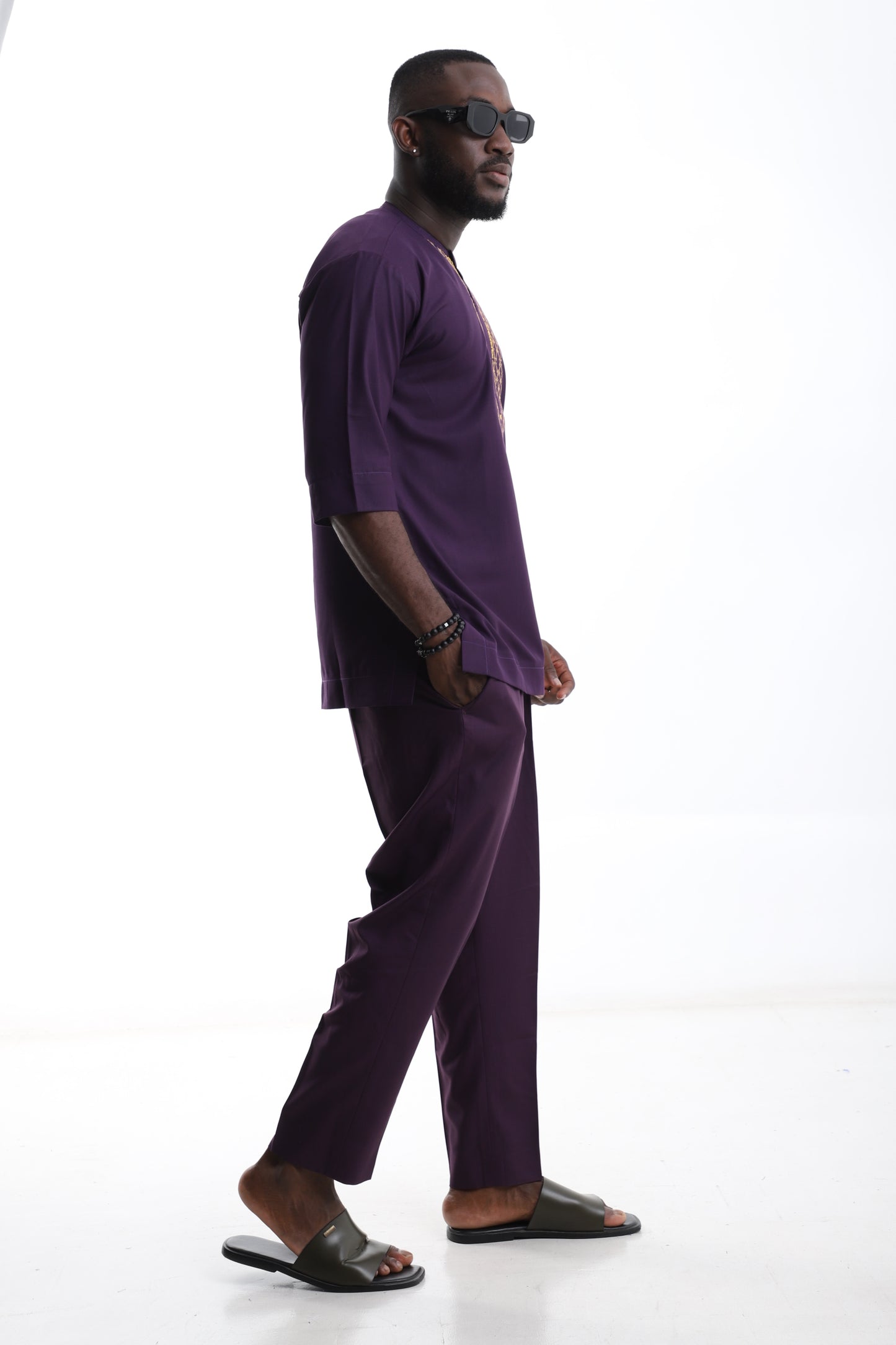purple and gold embroidered kaftan set
