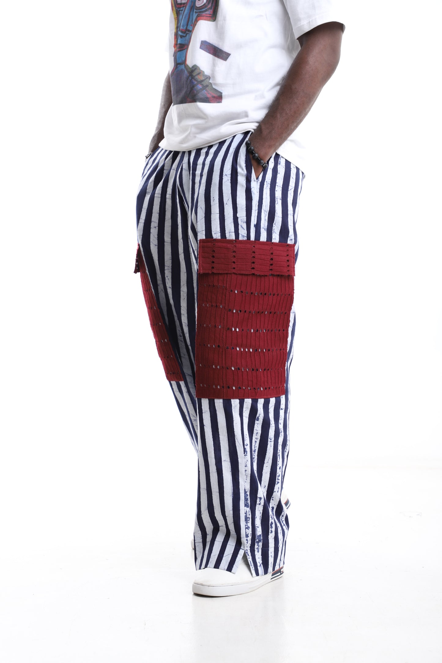 Exclusive Adire Wide-Leg Trousers with Bold Red Patch Pocket