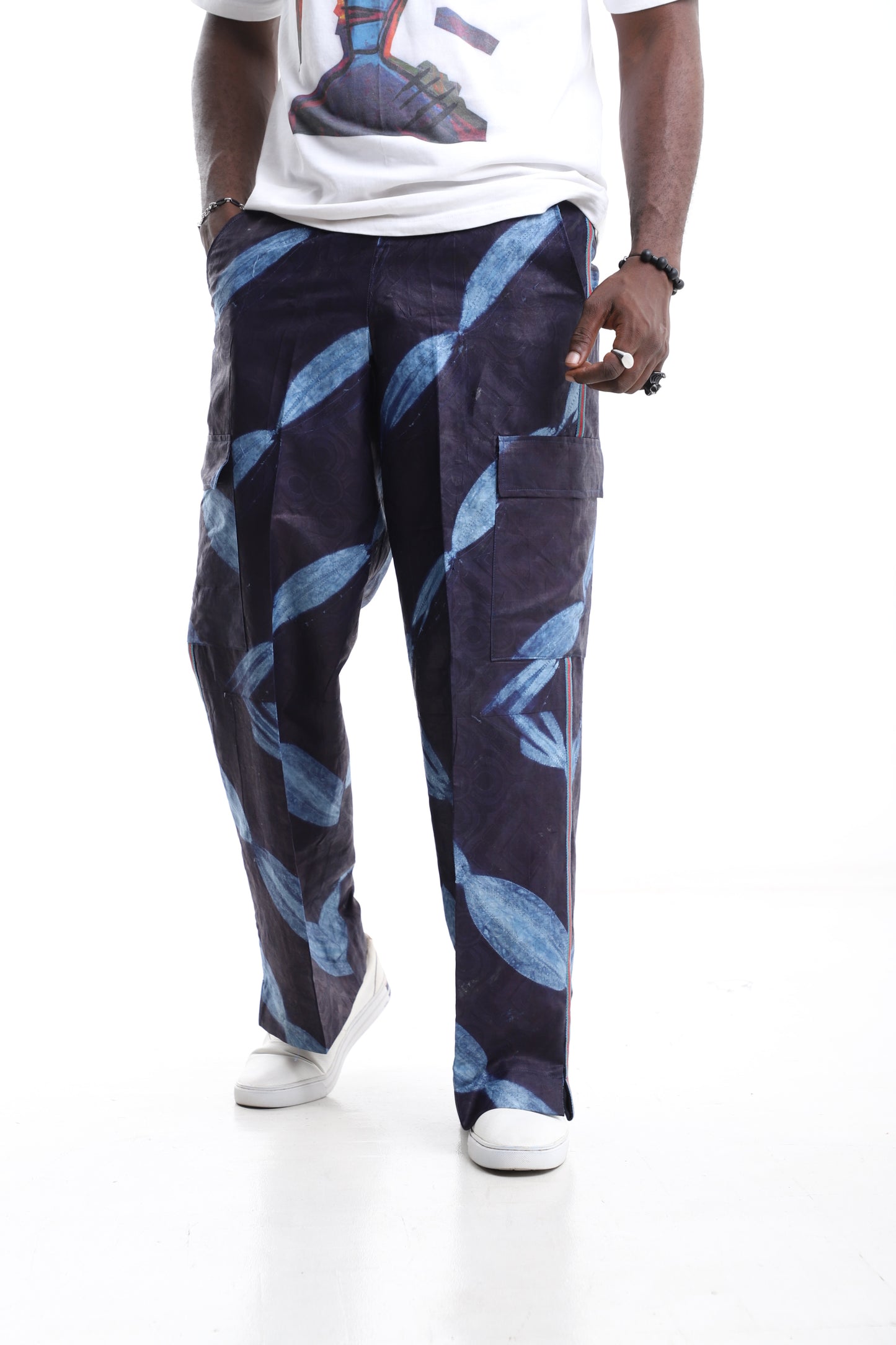Handcrafted Indigo Adire Wide-Leg Trousers with Leaf Motif