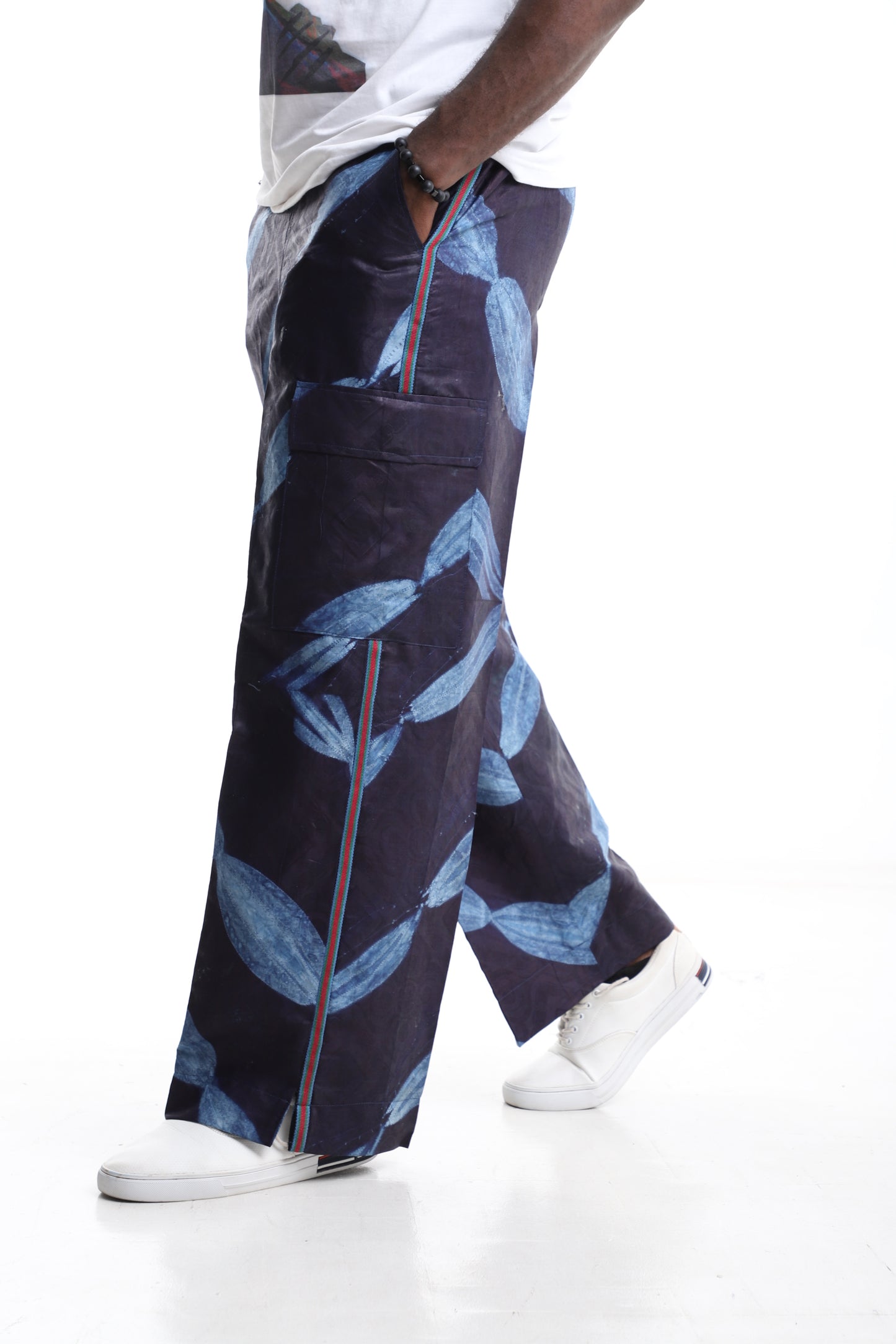 Handcrafted Indigo Adire Wide-Leg Trousers with Leaf Motif