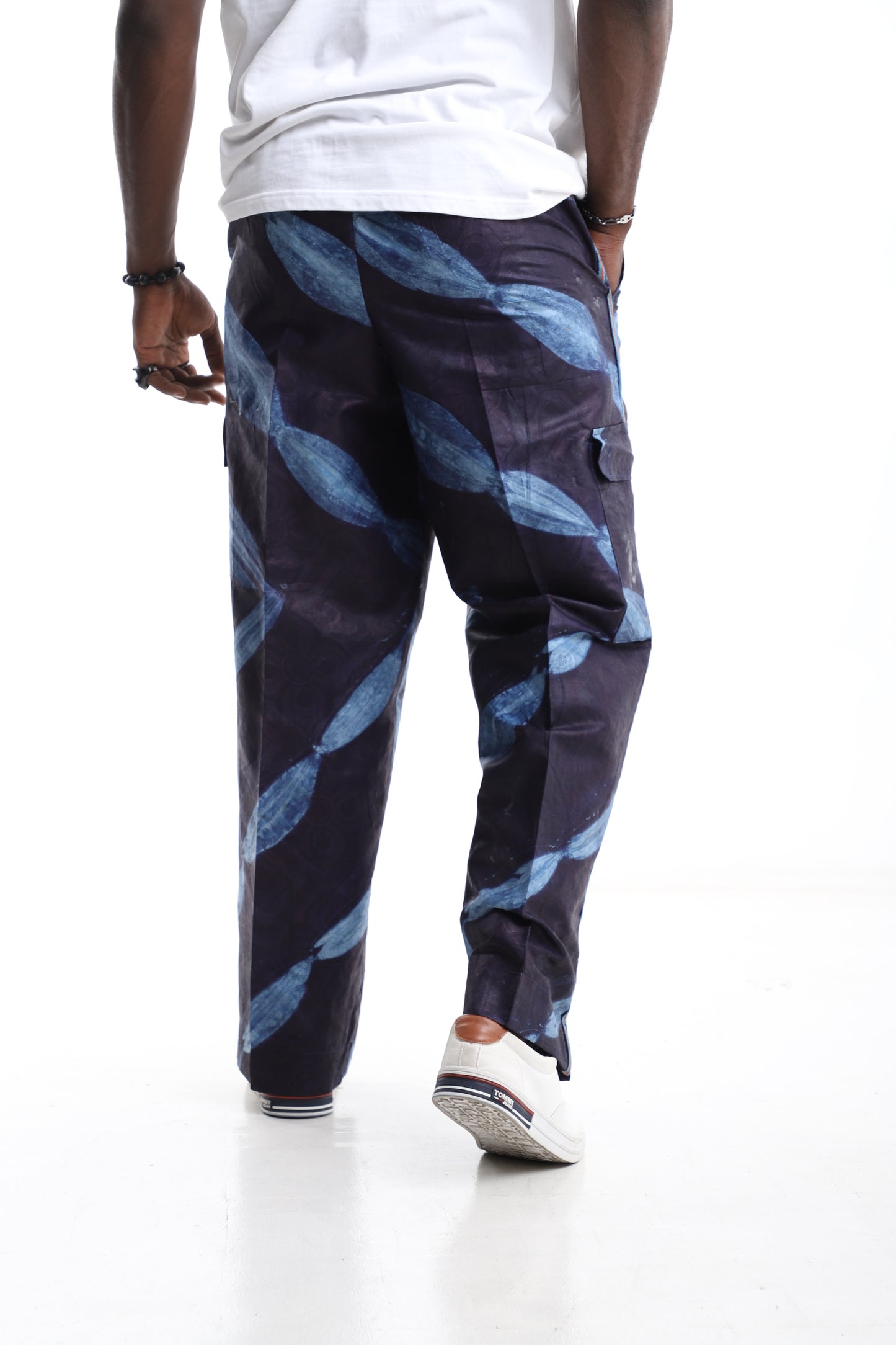 Handcrafted Indigo Adire Wide-Leg Trousers with Leaf Motif