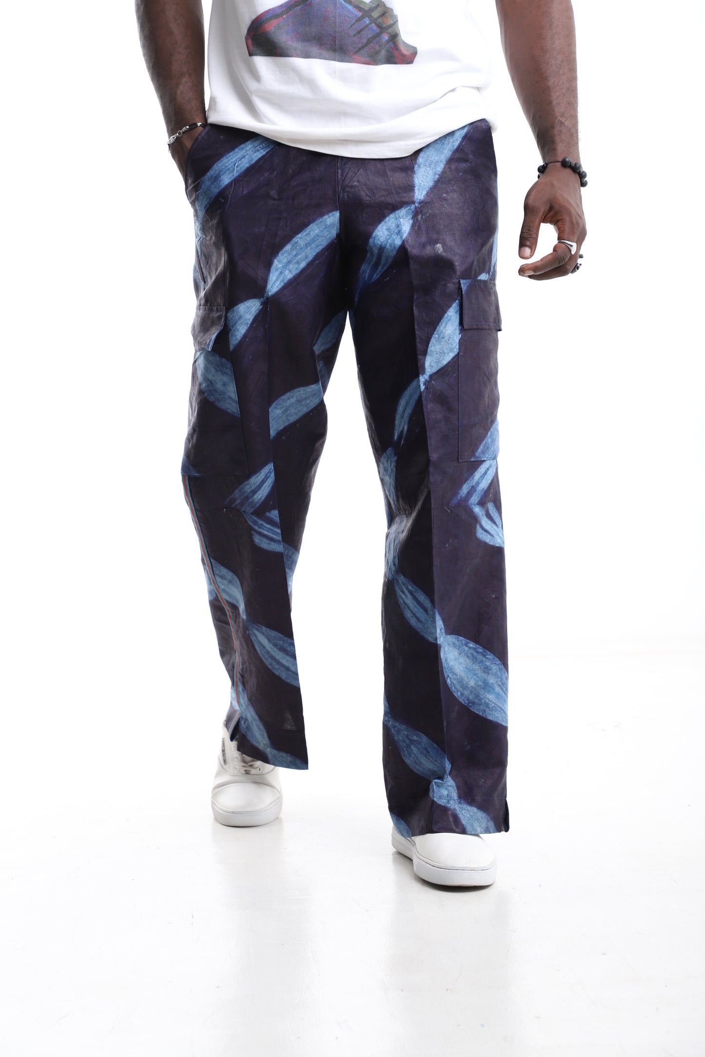 Handcrafted Indigo Adire Wide-Leg Trousers with Leaf Motif