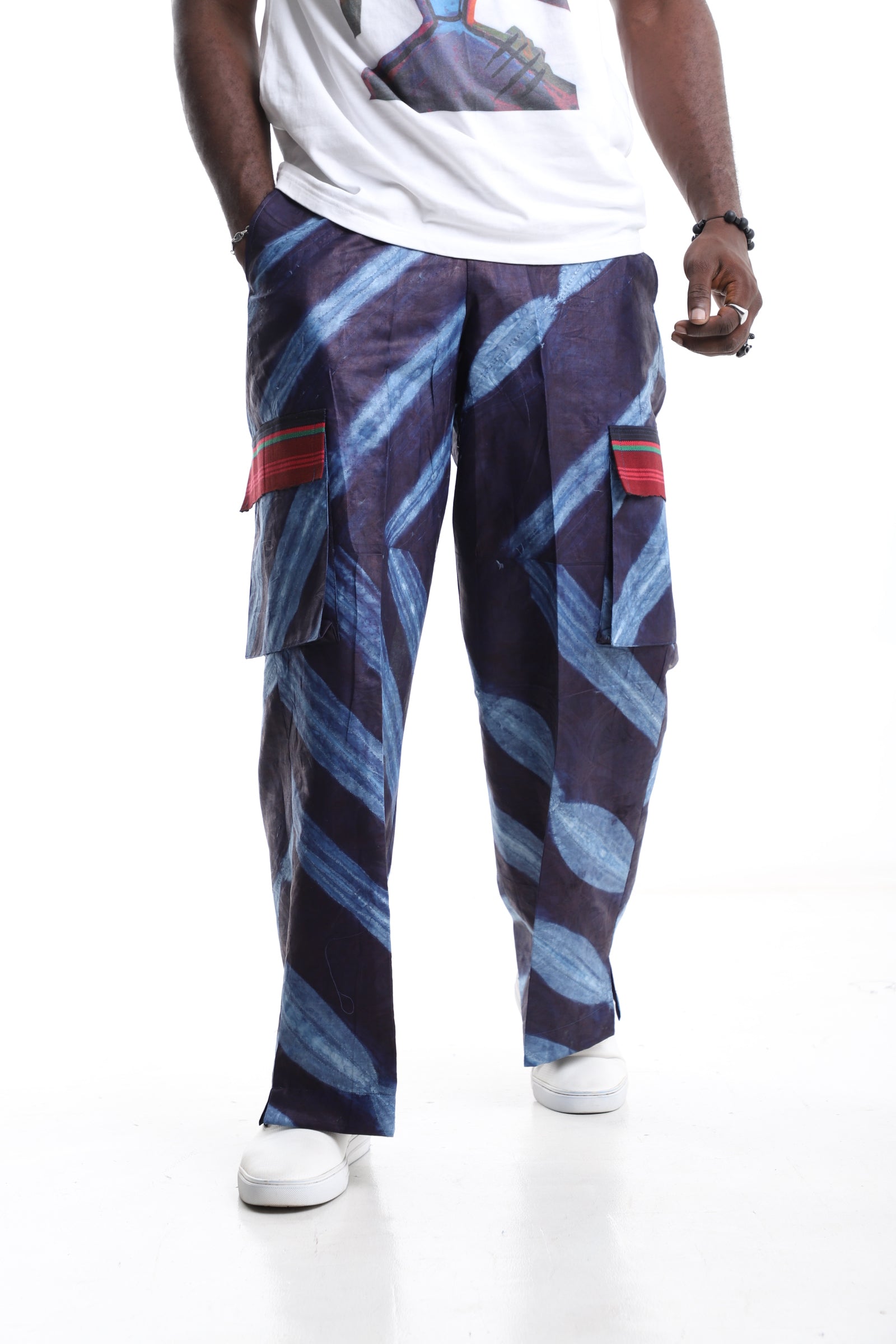 Handcrafted Indigo Adire Wide-Leg Trousers with Red Accent Pocket