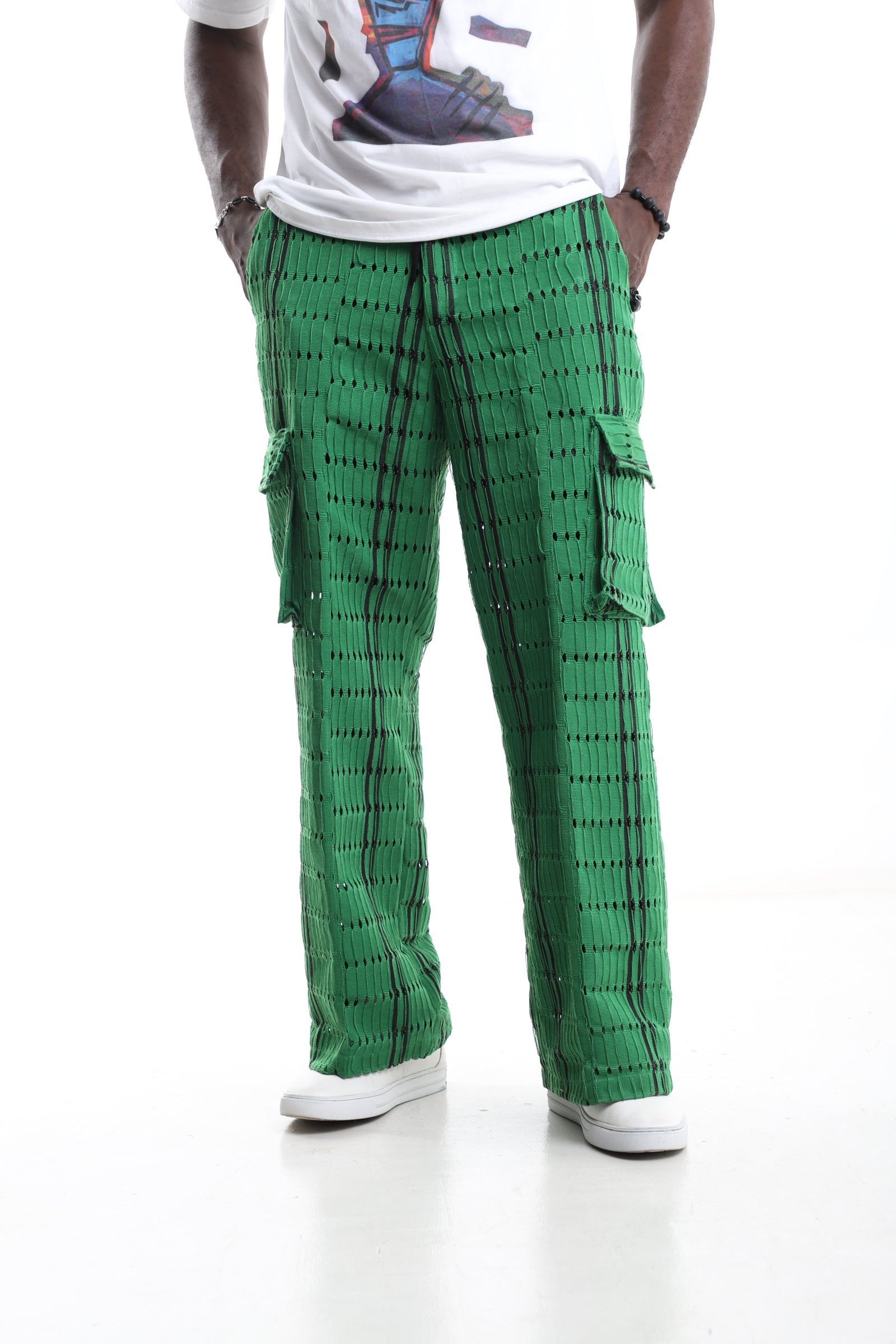 Green Handwoven Aso-Oke Cargo Trousers with Black Detailing