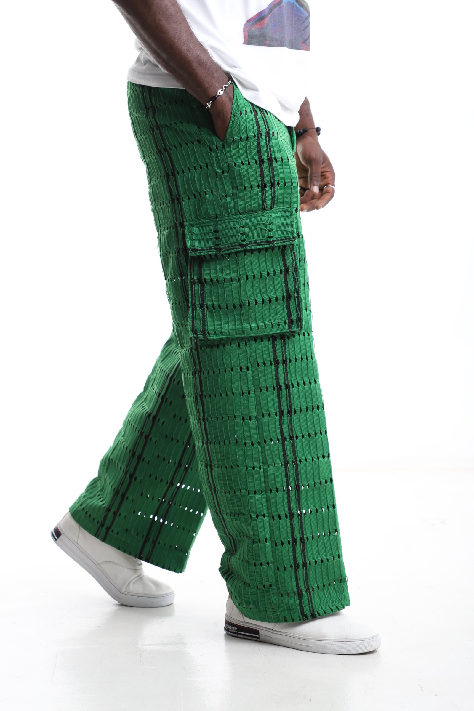 Green Handwoven Aso-Oke Cargo Trousers with Black Detailing