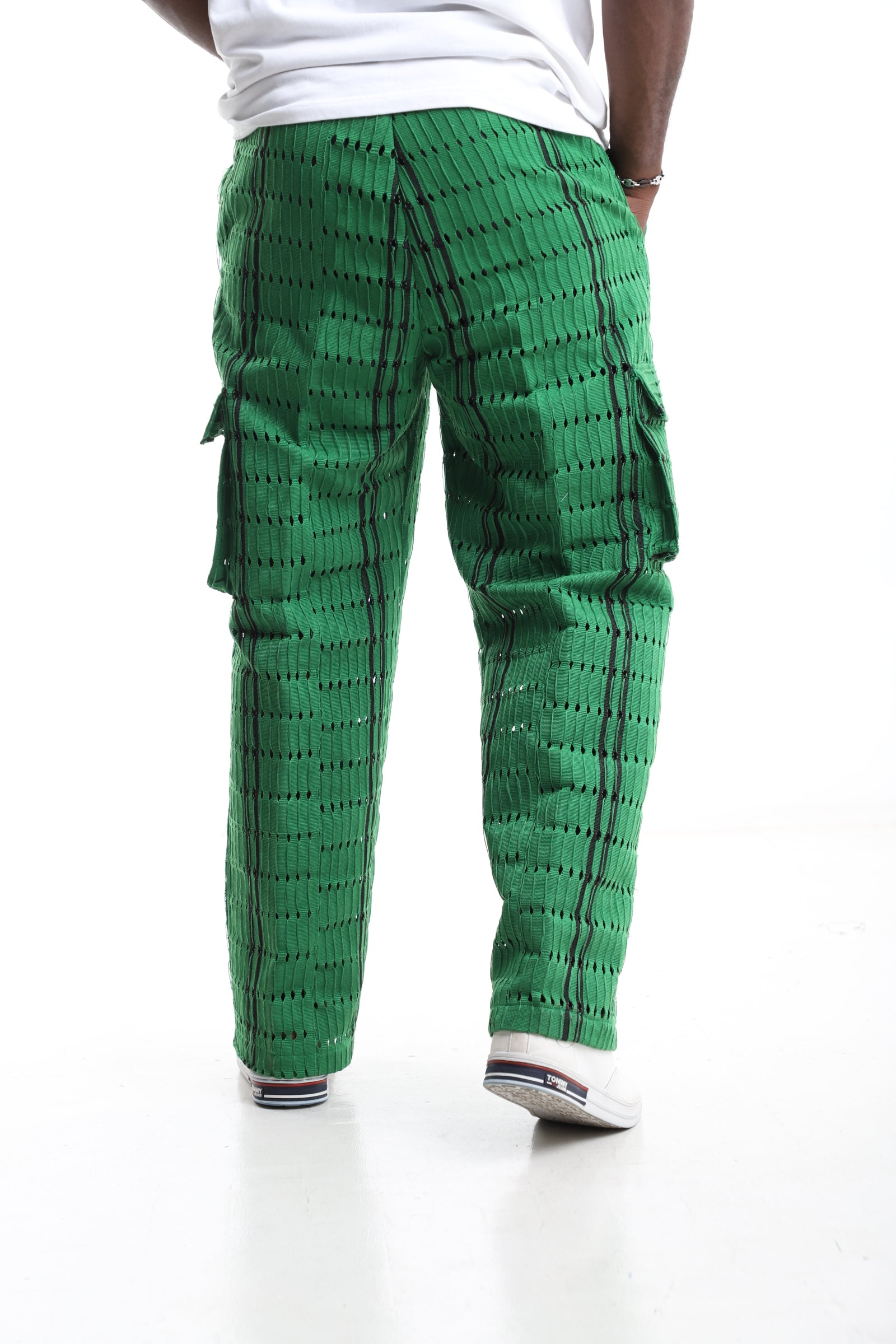 Green Handwoven Aso-Oke Cargo Trousers with Black Detailing
