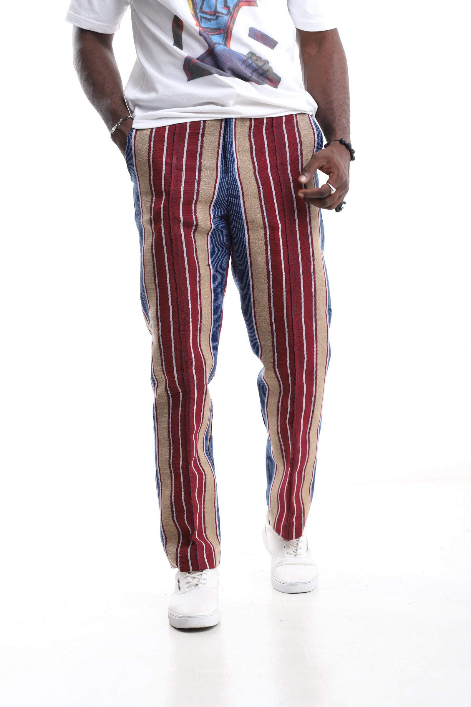 Handwoven Aso-Oke Striped Trousers – Red, Blue & Beige