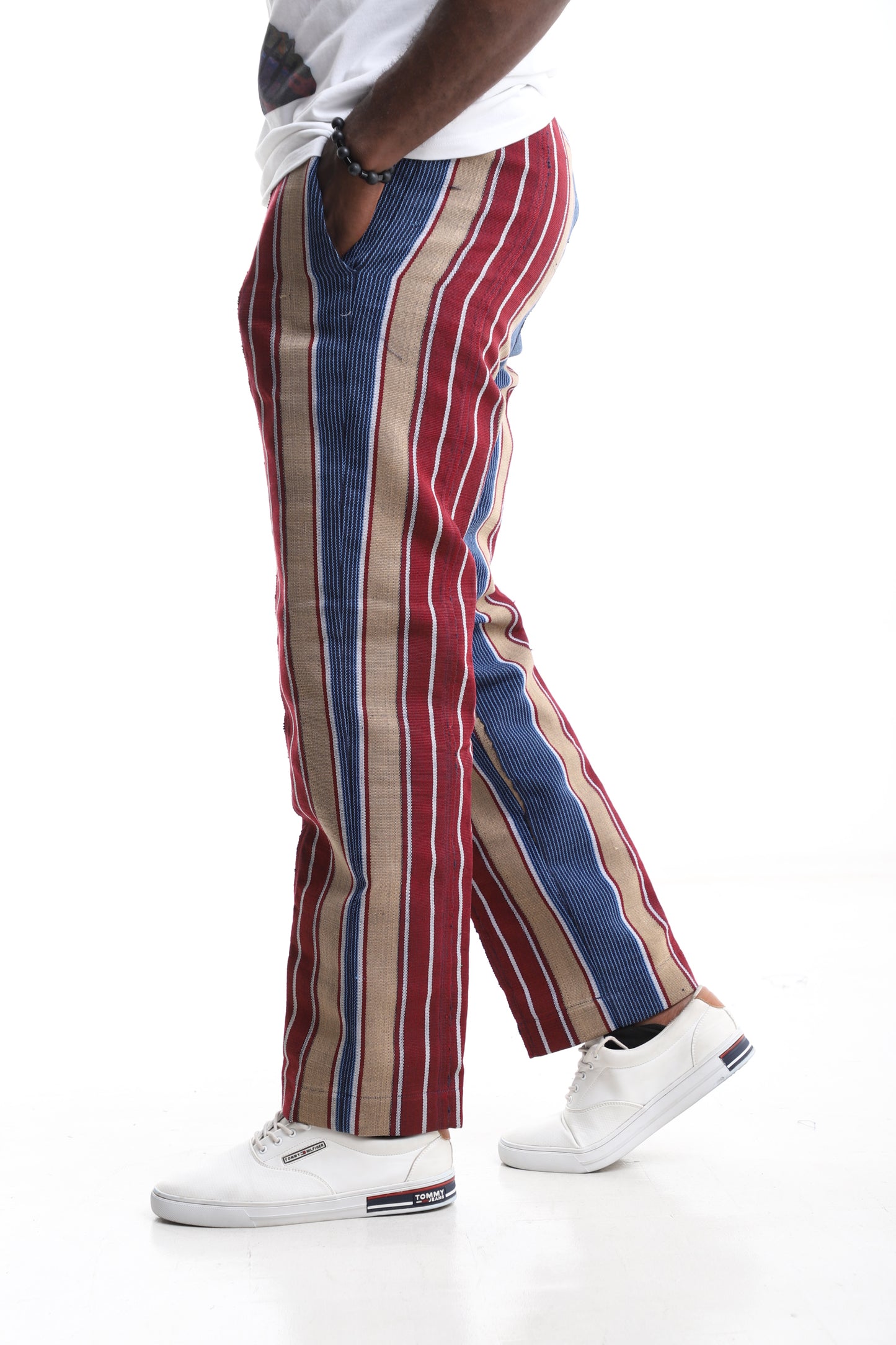 Handwoven Aso-Oke Striped Trousers – Red, Blue & Beige
