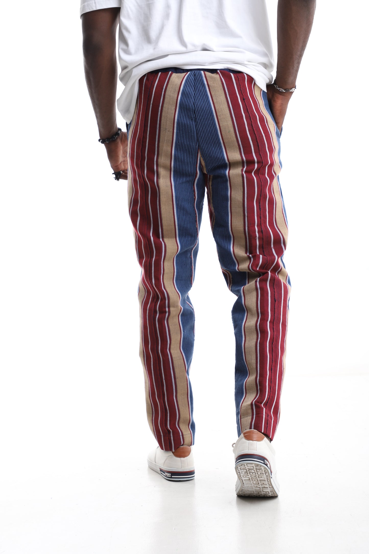 Handwoven Aso-Oke Striped Trousers – Red, Blue & Beige