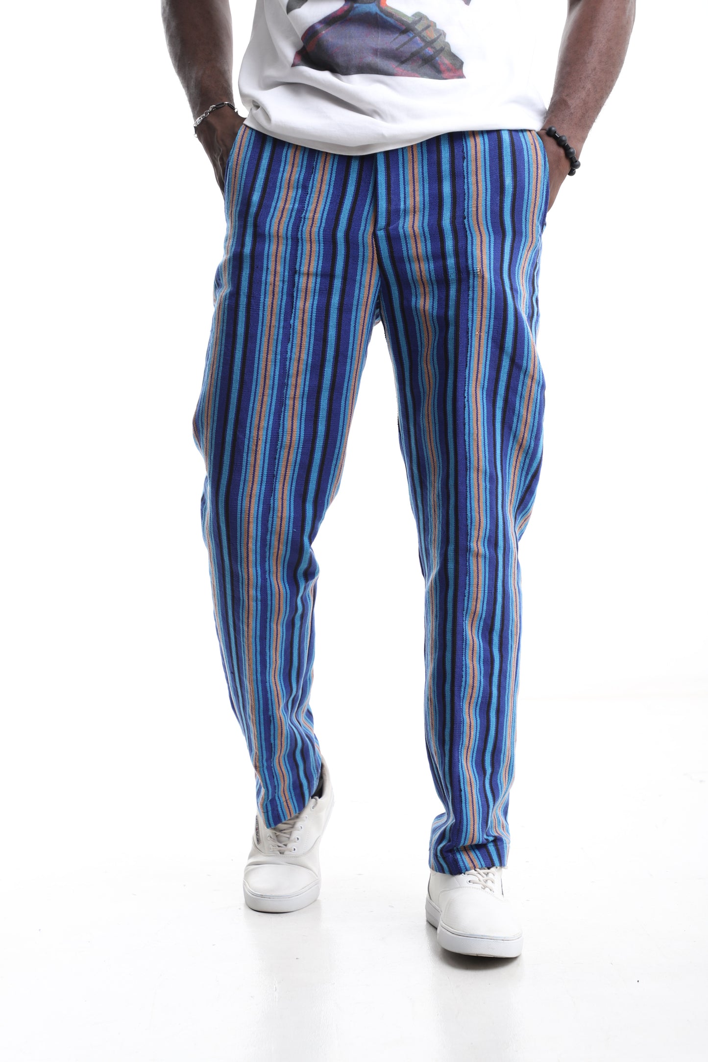 Handwoven Aso-Oke Striped Trousers – Blue & Multicolor