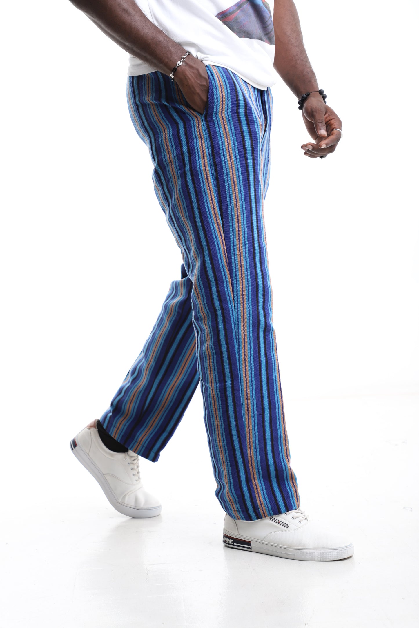 Handwoven Aso-Oke Striped Trousers – Blue & Multicolor