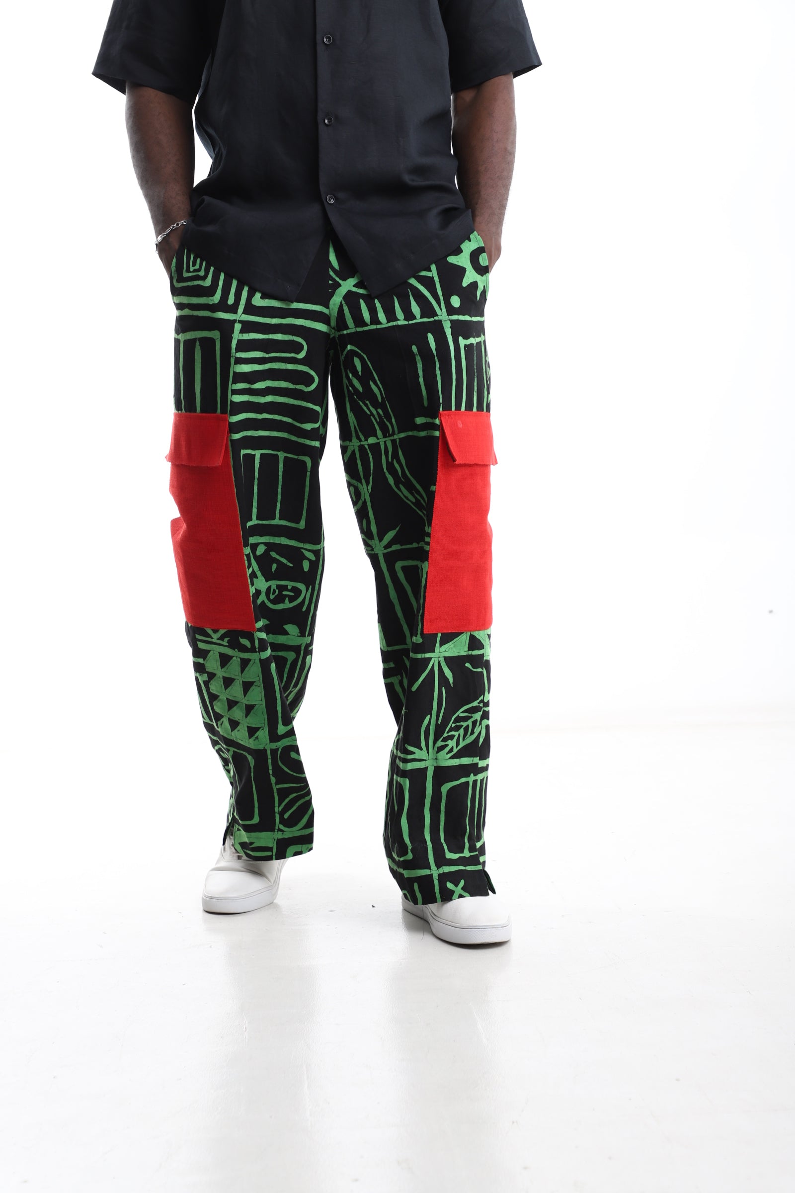 Exclusive Green & Black Adire Trouser with Red Pocket Detail