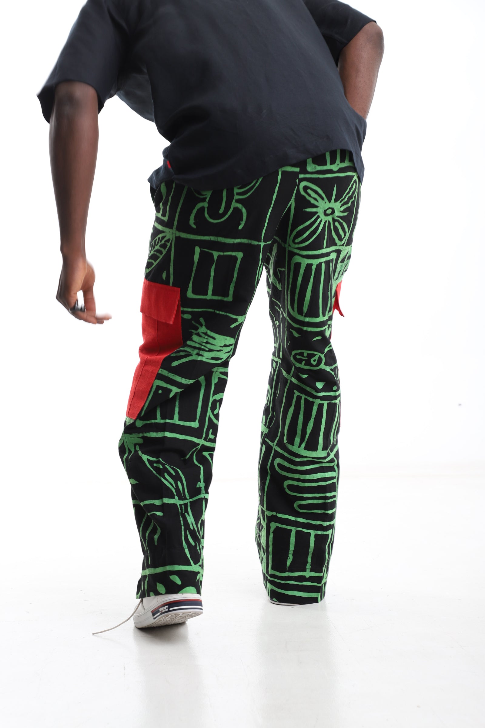 Exclusive Green & Black Adire Trouser with Red Pocket Detail