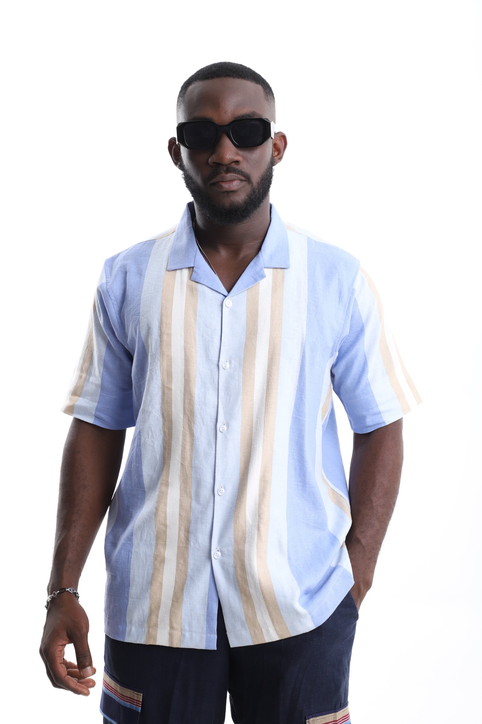 Exclusive Linen Shirt – Sky Blue & Sand Stripe