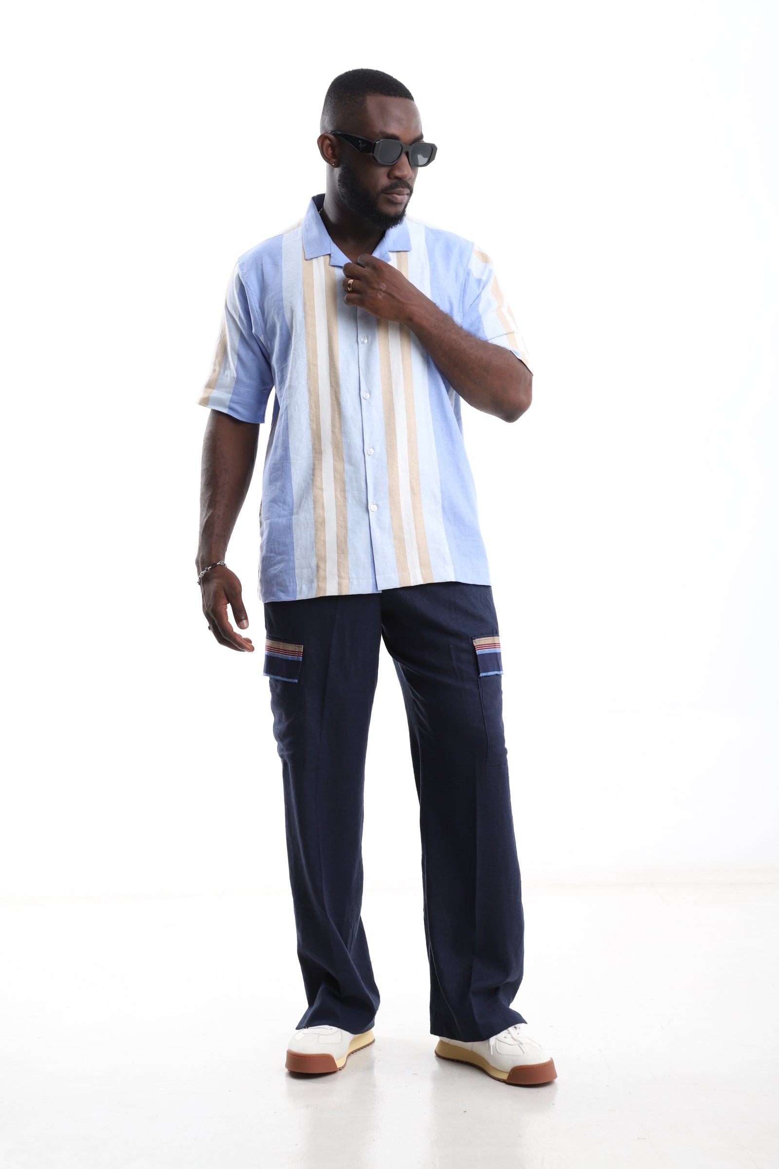 Exclusive Linen Ensemble – Sky Blue & Navy Two-Piece Set