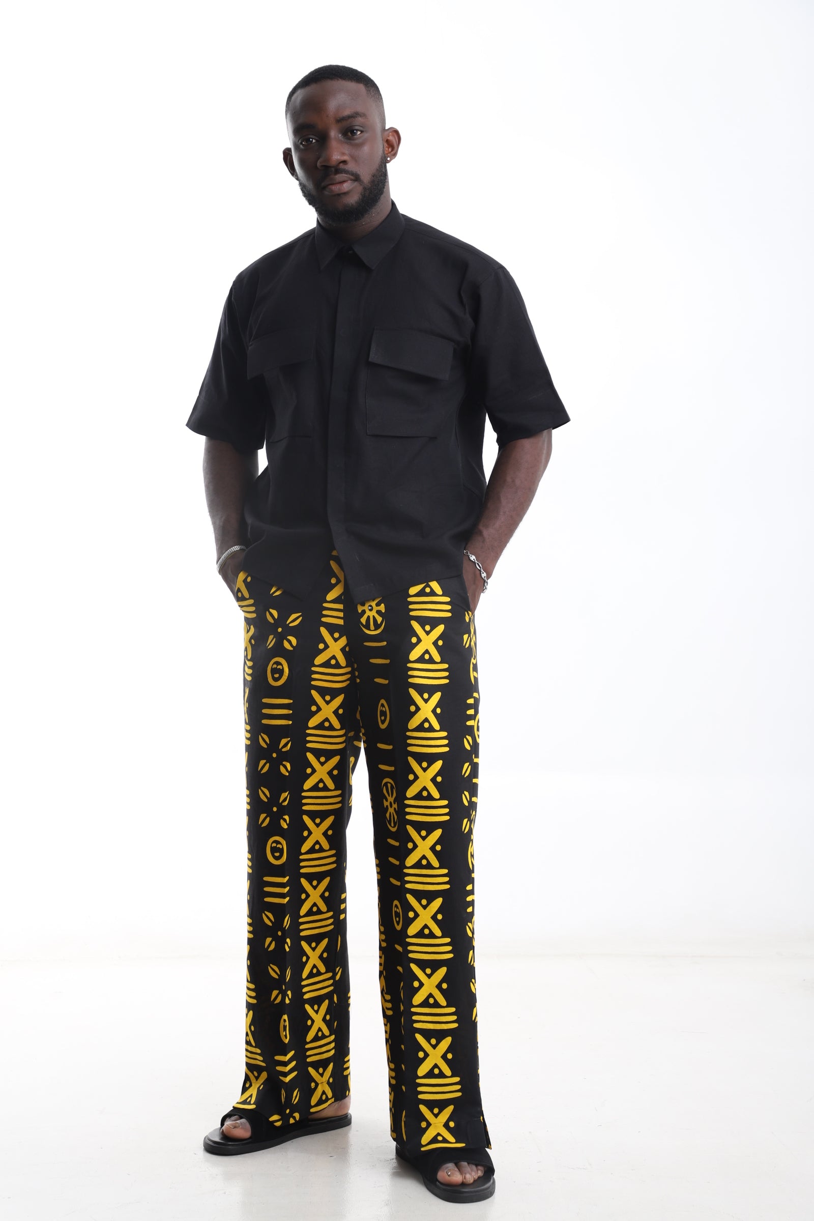 Tribal Print Pants & Black Linen Shirt Set – Bold Tradition Meets Modern Edge