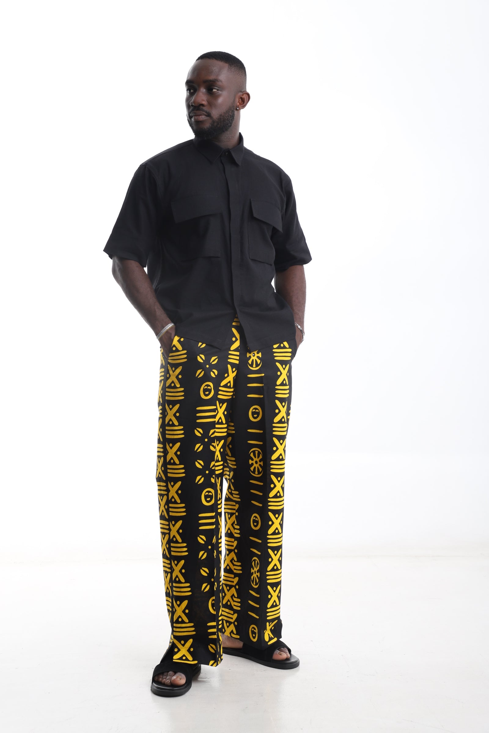 Tribal Print Pants & Black Linen Shirt Set – Bold Tradition Meets Modern Edge