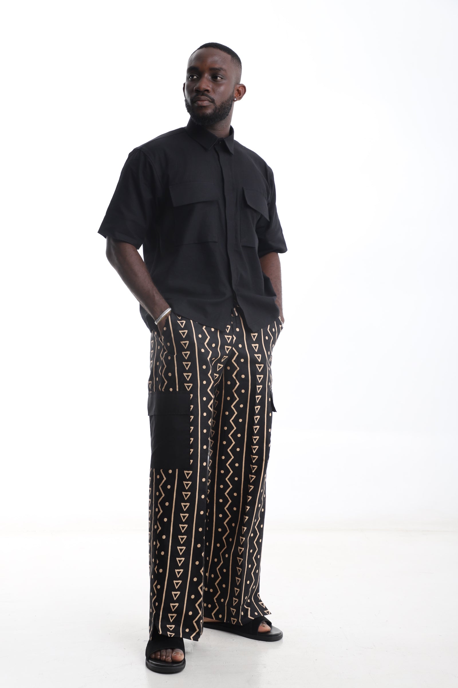 Tribal Pants & Black Linen Shirt Set – Minimalist Power, Cultural Edge