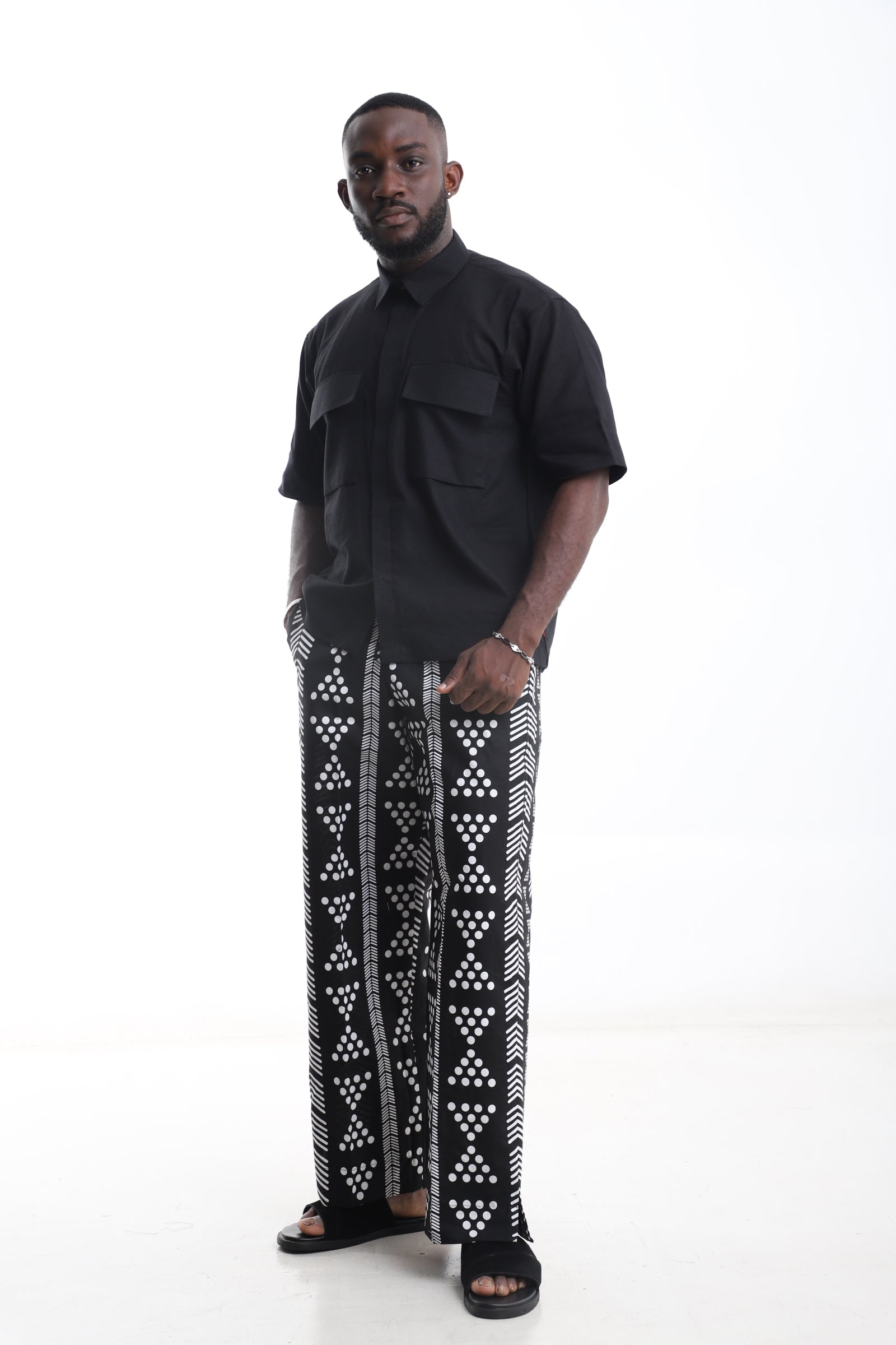 Black Linen Shirt & White Tribal Pants Set – Refined Minimalism Meets African Artistry