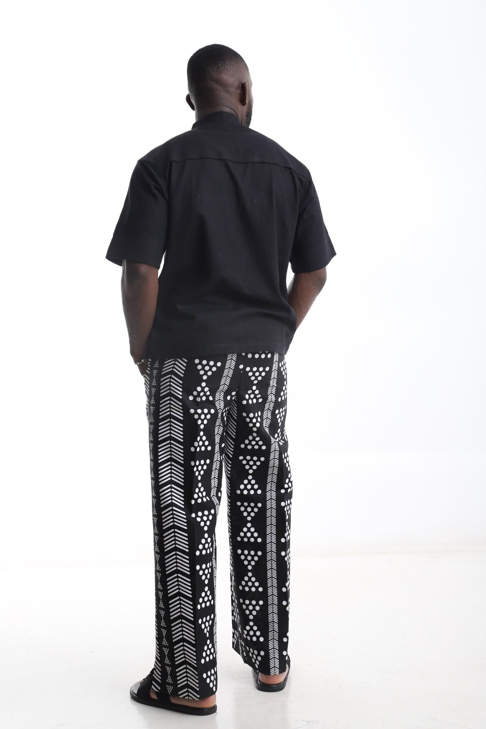 Black Linen Shirt & White Tribal Pants Set – Refined Minimalism Meets African Artistry