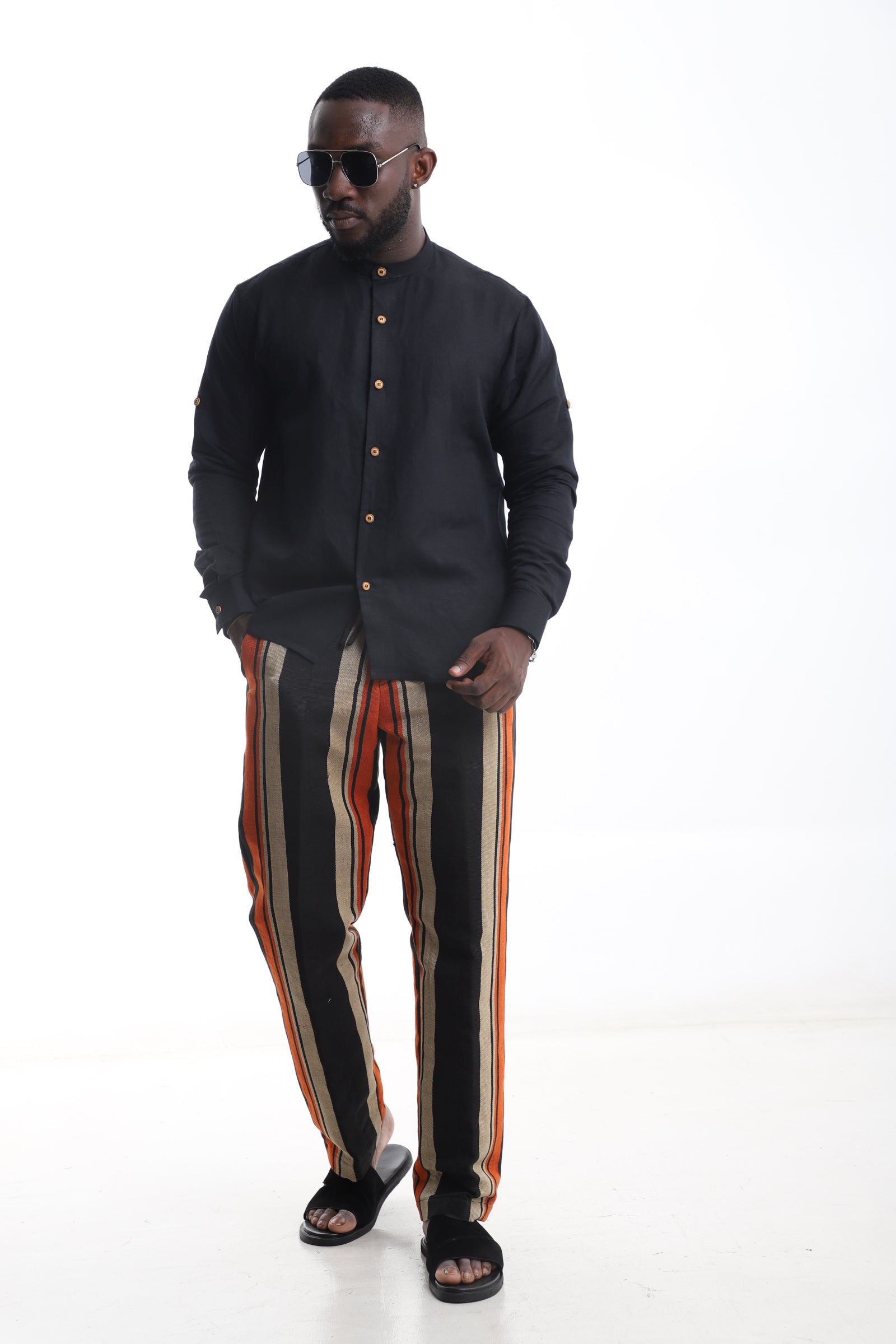 Bold Stripe Aso-Oke Trouser & Black Linen Shirt Set – Refined Heritage, Effortless Power