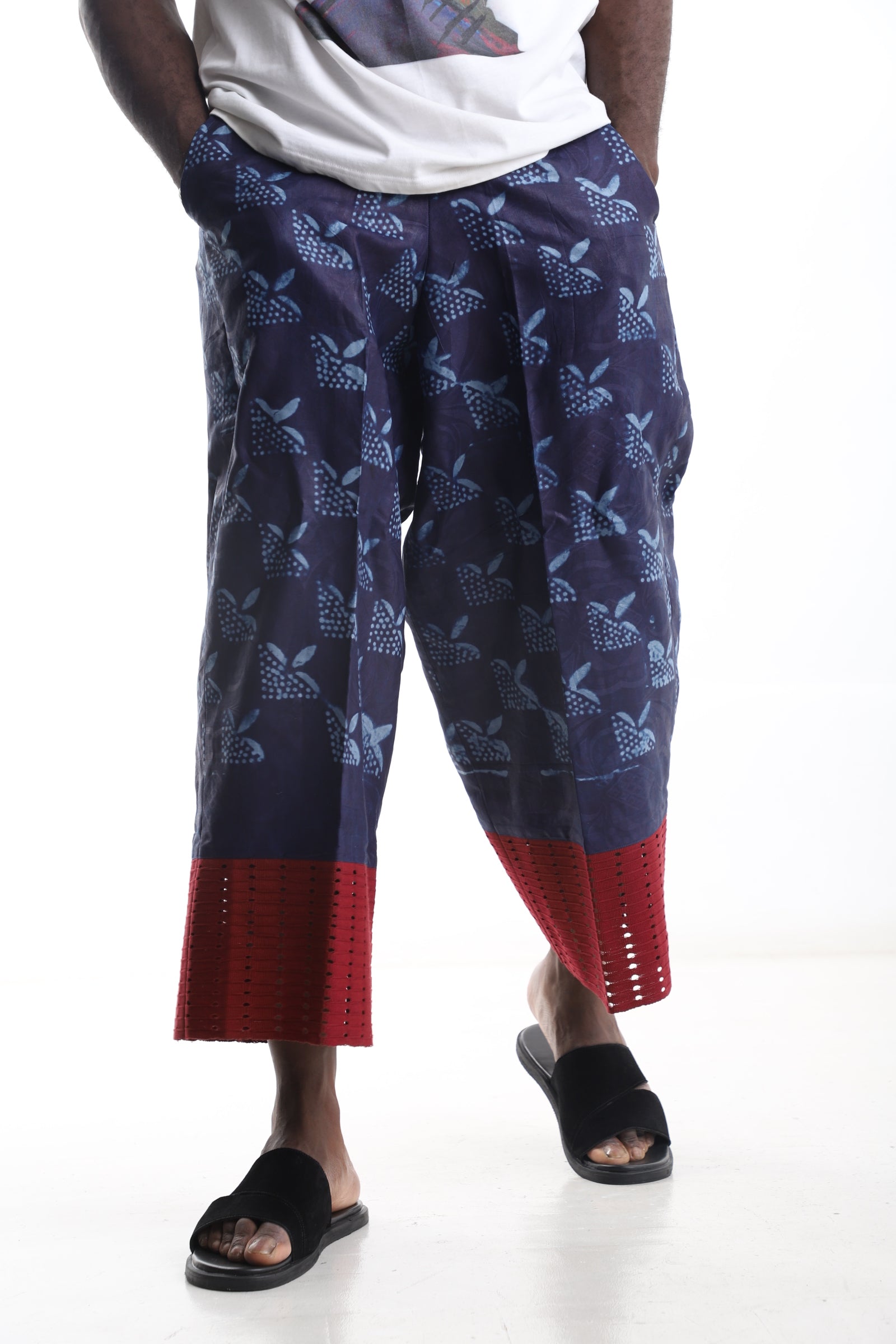 Adire Wide-Leg Trouser – Indigo & Berry Red Hem