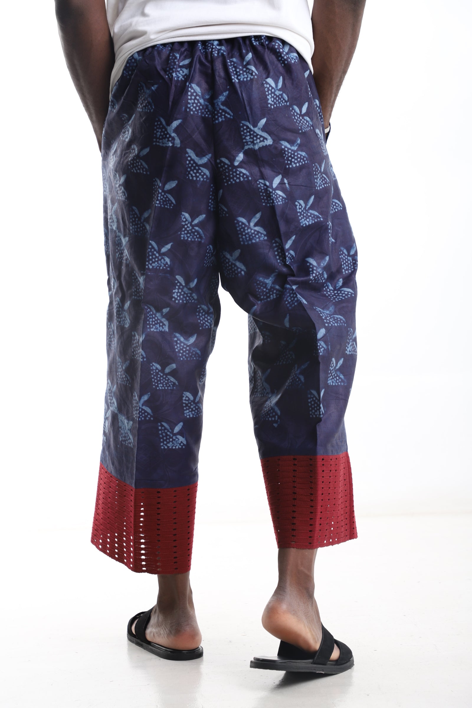 Adire Wide-Leg Trouser – Indigo & Berry Red Hem