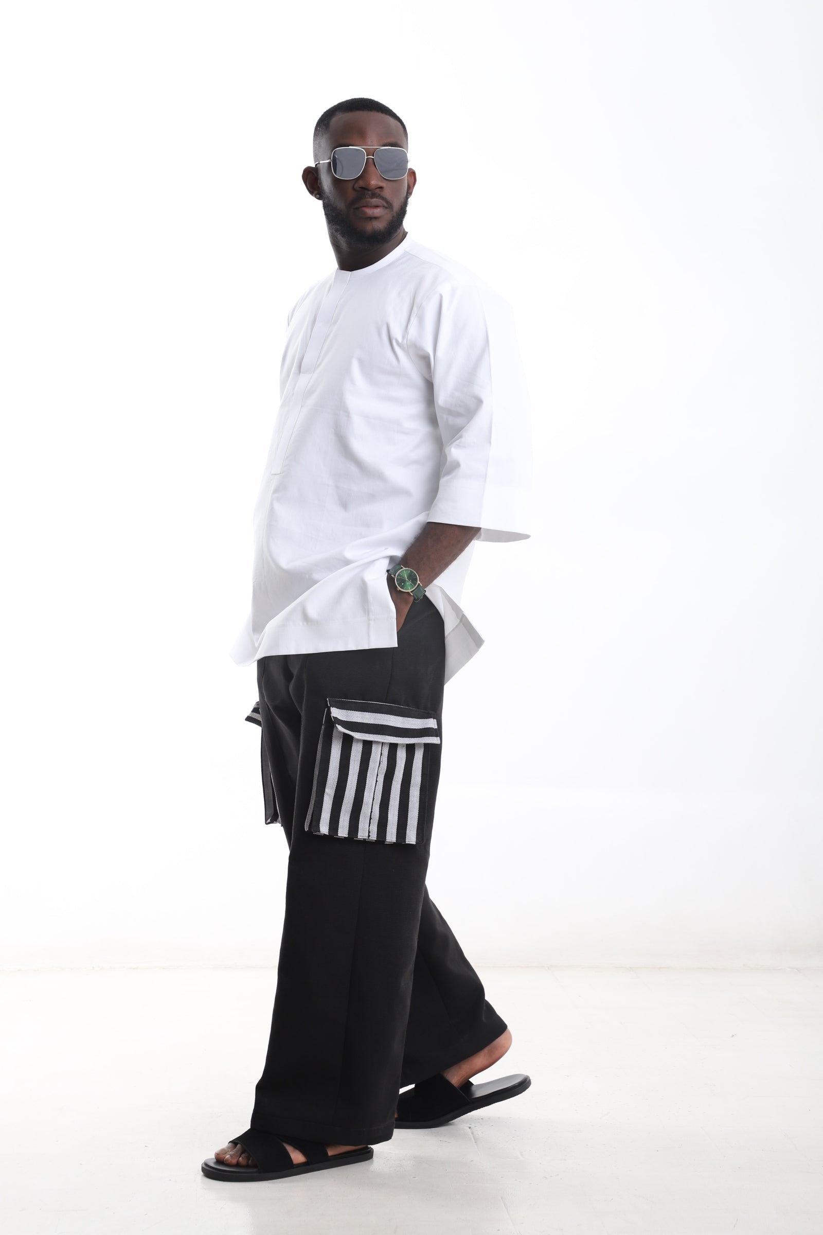 White Minimalist Top & Black Aso-Oke Cargo Pants Set