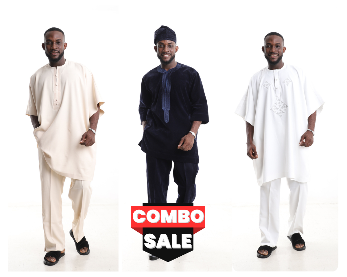 King Kaftan Embroidered & Minimalist Polished Cotton Traditional Wear Trio Combo Set – Front View – African men's fashion Nigeria